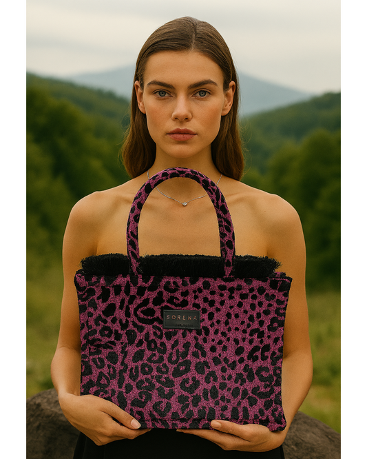 LEOPARD VELVET MAGENTA MEDIUM TOTE BAG