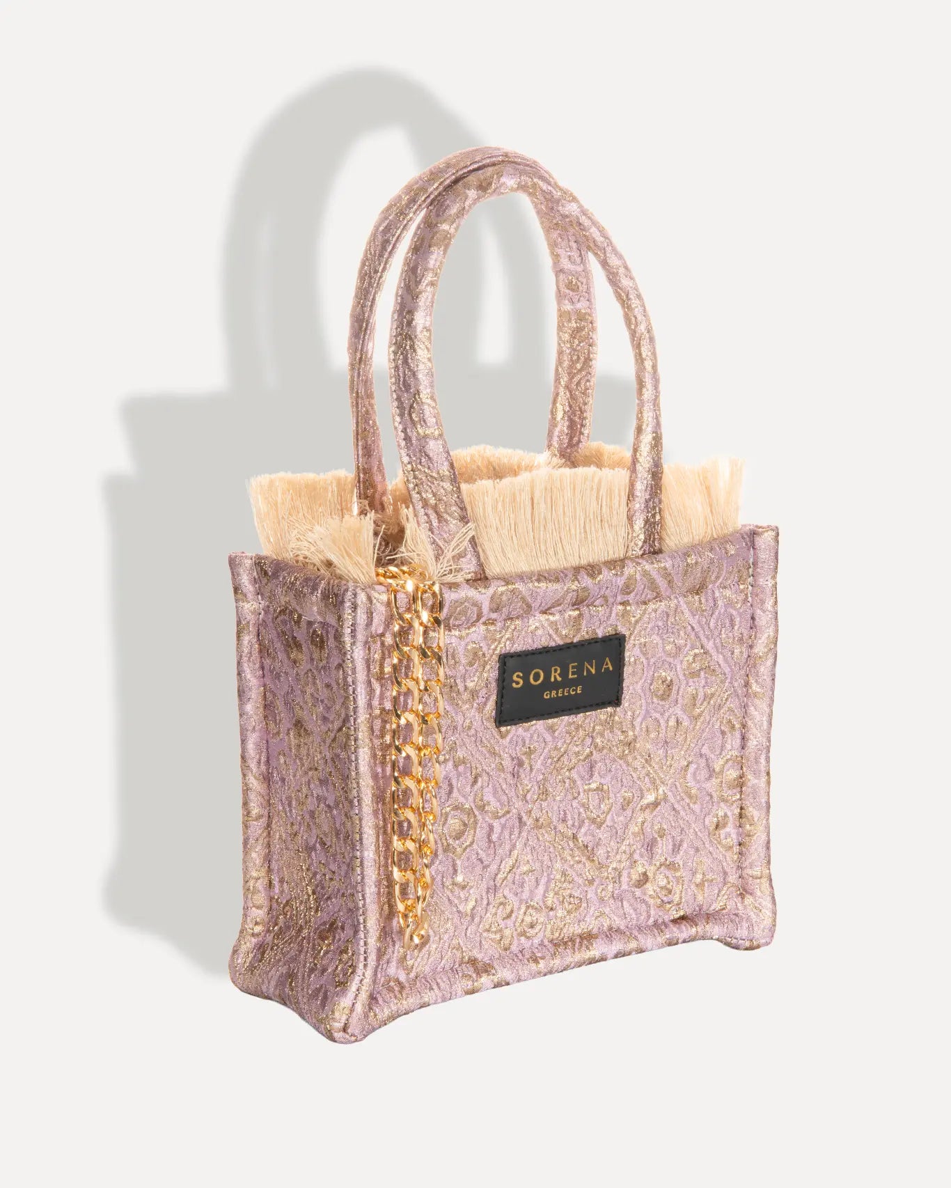 Rechte Seite Anemi Mini Tote Bag Sorena Greece, Rosegold Samt kleine Crossbody Bag Sonnenuntergang Töne handgefertigt Griechenland