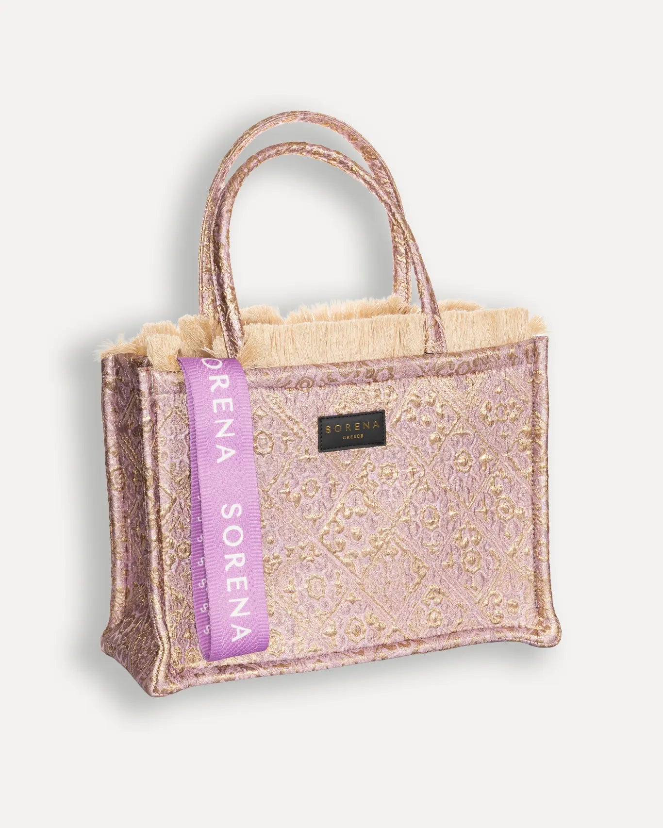 Rechte Seite Anemi Medium Tote Bag Sorena Greece, Samtvelour Rosegold Sonnenuntergang Töne handgefertigter Shopper Griechenland.