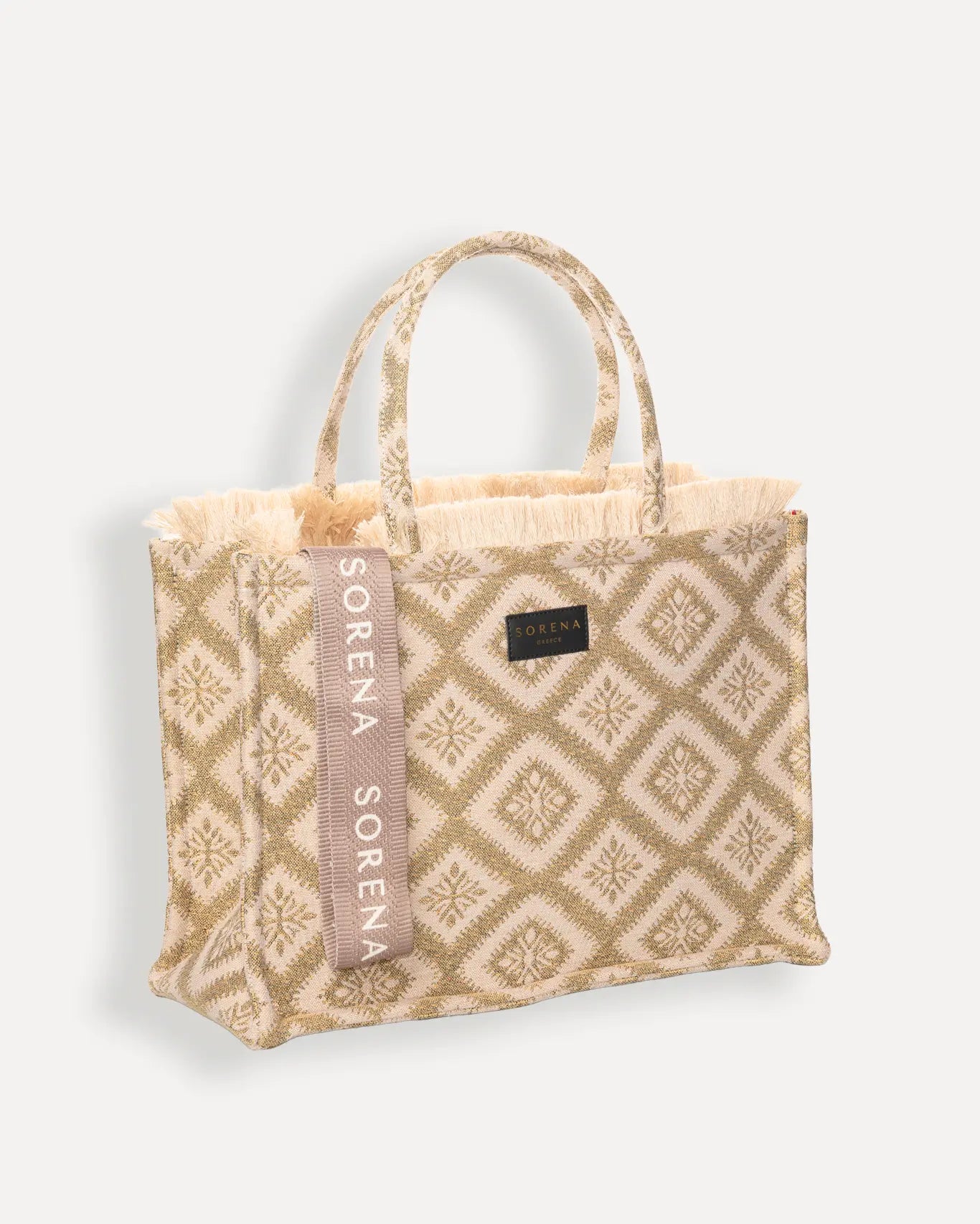 Rechte Seite Arhontissa Large Tote Bag Sorena Greece, Diamant Blumenmuster in Beige Ivory Jacquard, handgefertigt Cycladen Kollektion.