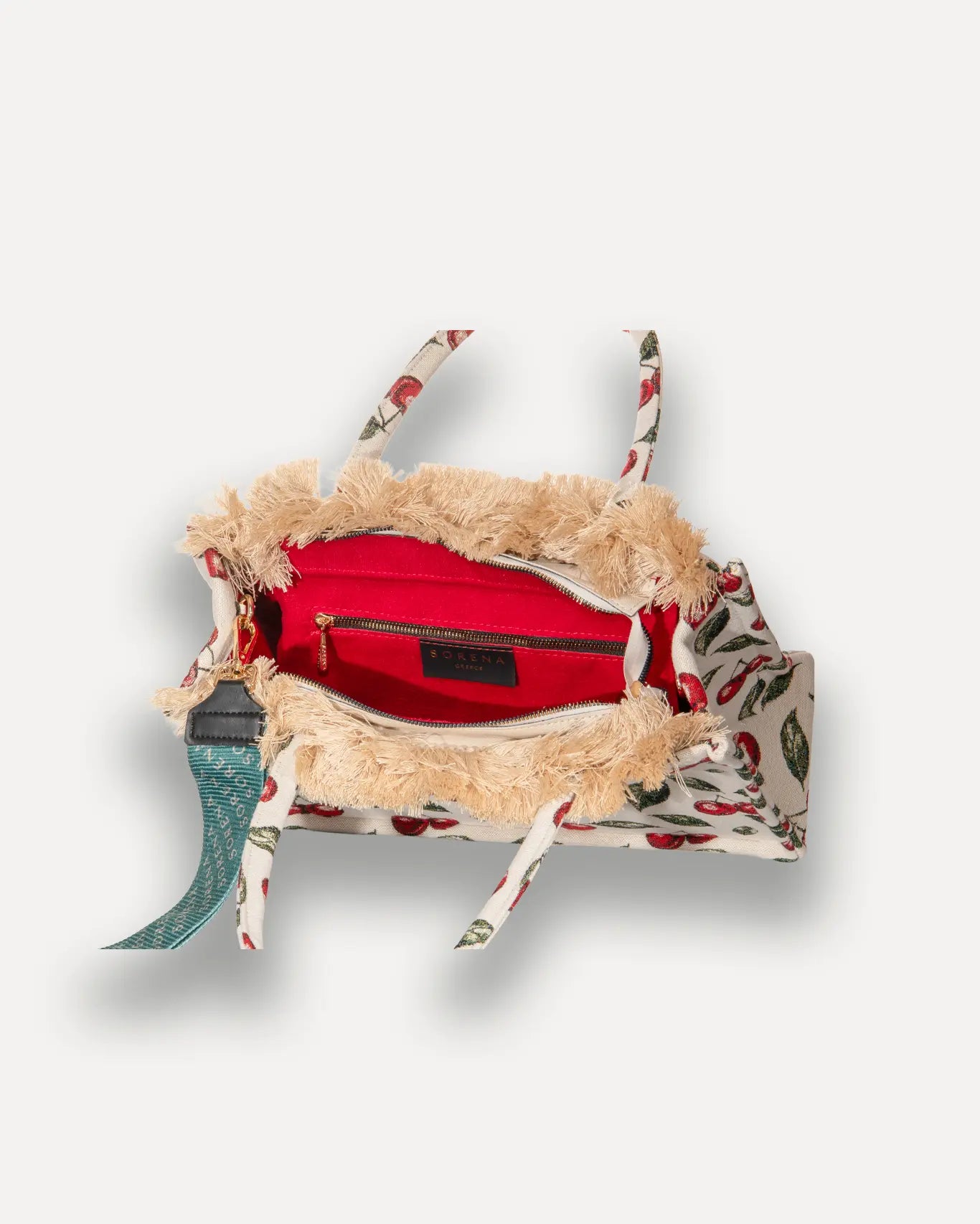 Innenansicht Cherry Medium Tote Bag Sorena Greece, geräumiges Hauptfach Innentasche veganer Shopper Cherry Edition Griechenland.