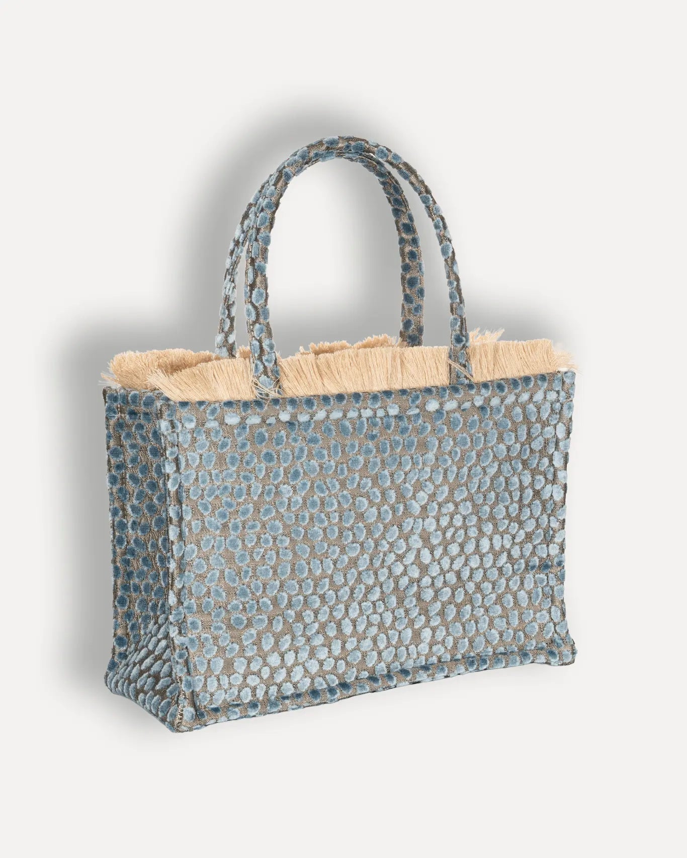 Rückseite Cyclades Medium Tote Bag Sorena Greece, Blaugrau Polka Dot Rückseite doppeltes Fach Shopper handgefertigt.