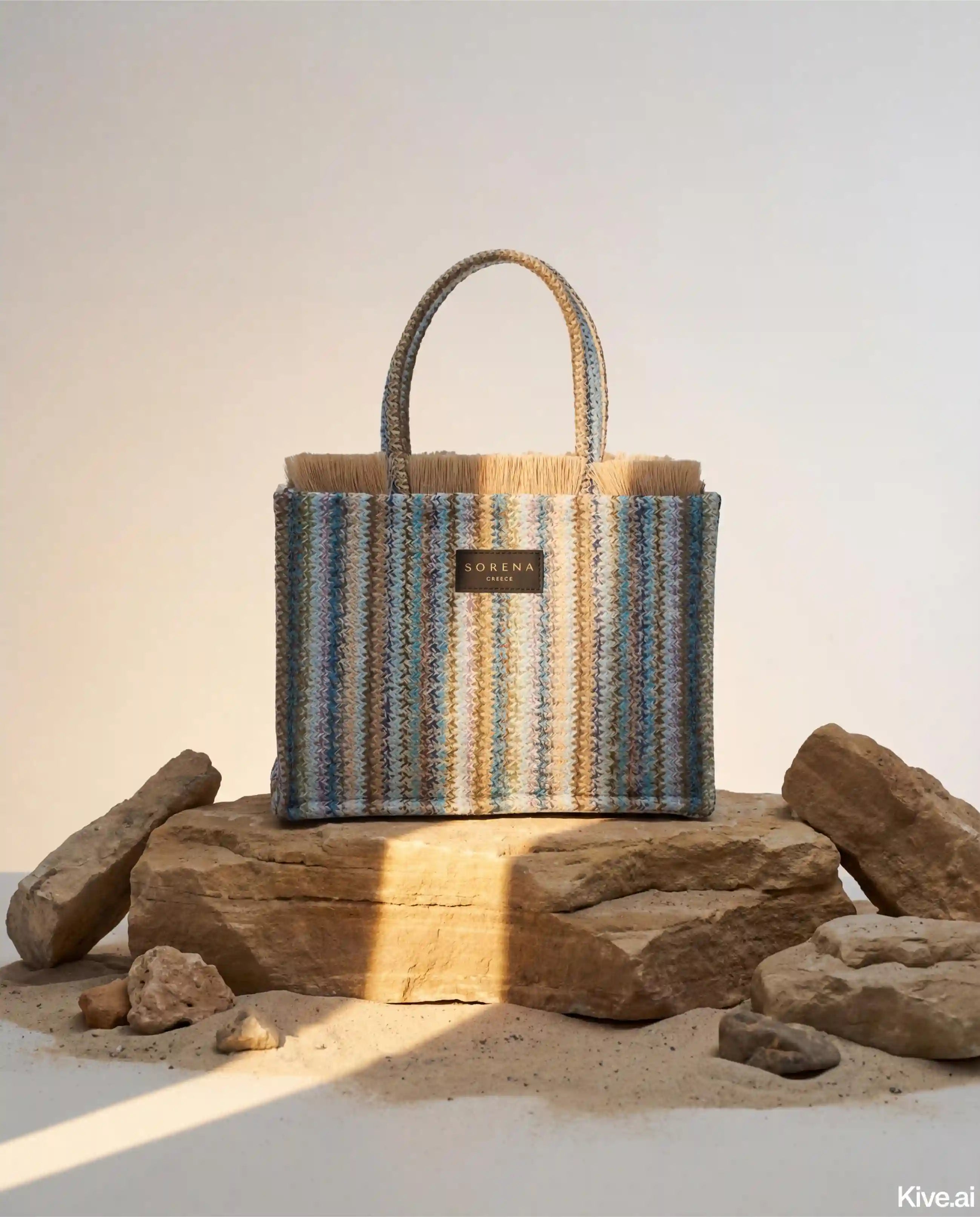 Sorena Greece Elafonisos Medium Tote Bag auf einem Stein, Frontansicht handgeflochtenes Naturstroh Häkeloptik Seegrün Beige Lavendel handgefertigt.