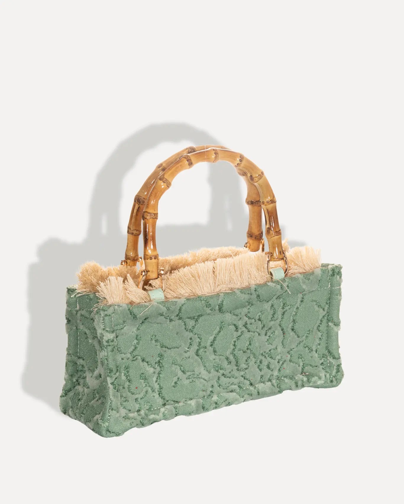 Rückseite Esmeralda Mini Bamboo Tote Bag Sorena Greece, mini Bamboo Shopper Rückseite Smaragdgrün Verarbeitung handgefertigt