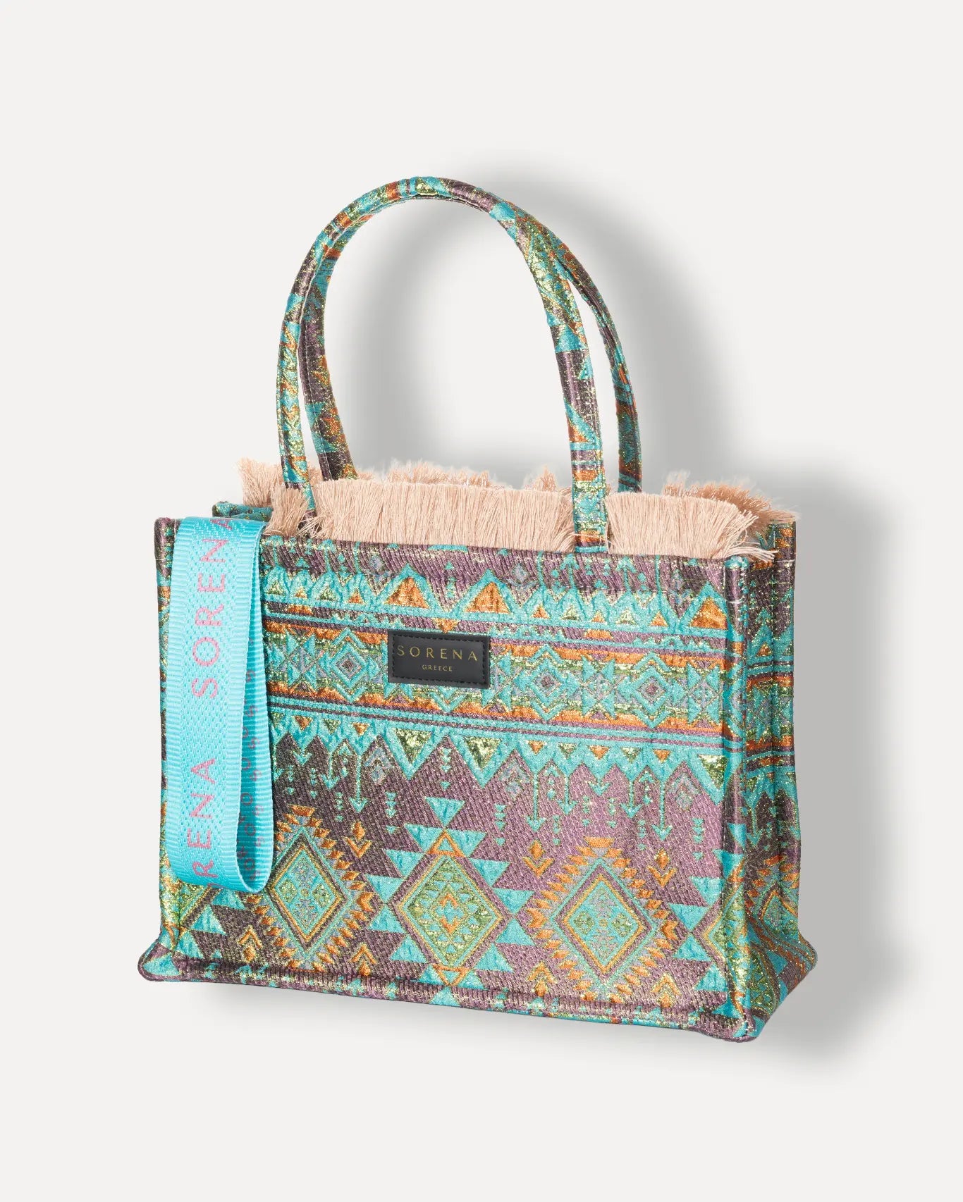 Linke Seite Fegarada Medium Tote Bag Sorena Greece, mittelgroße Abendtasche mondnacht Töne handgefertigt strukturiertes Gewebe.