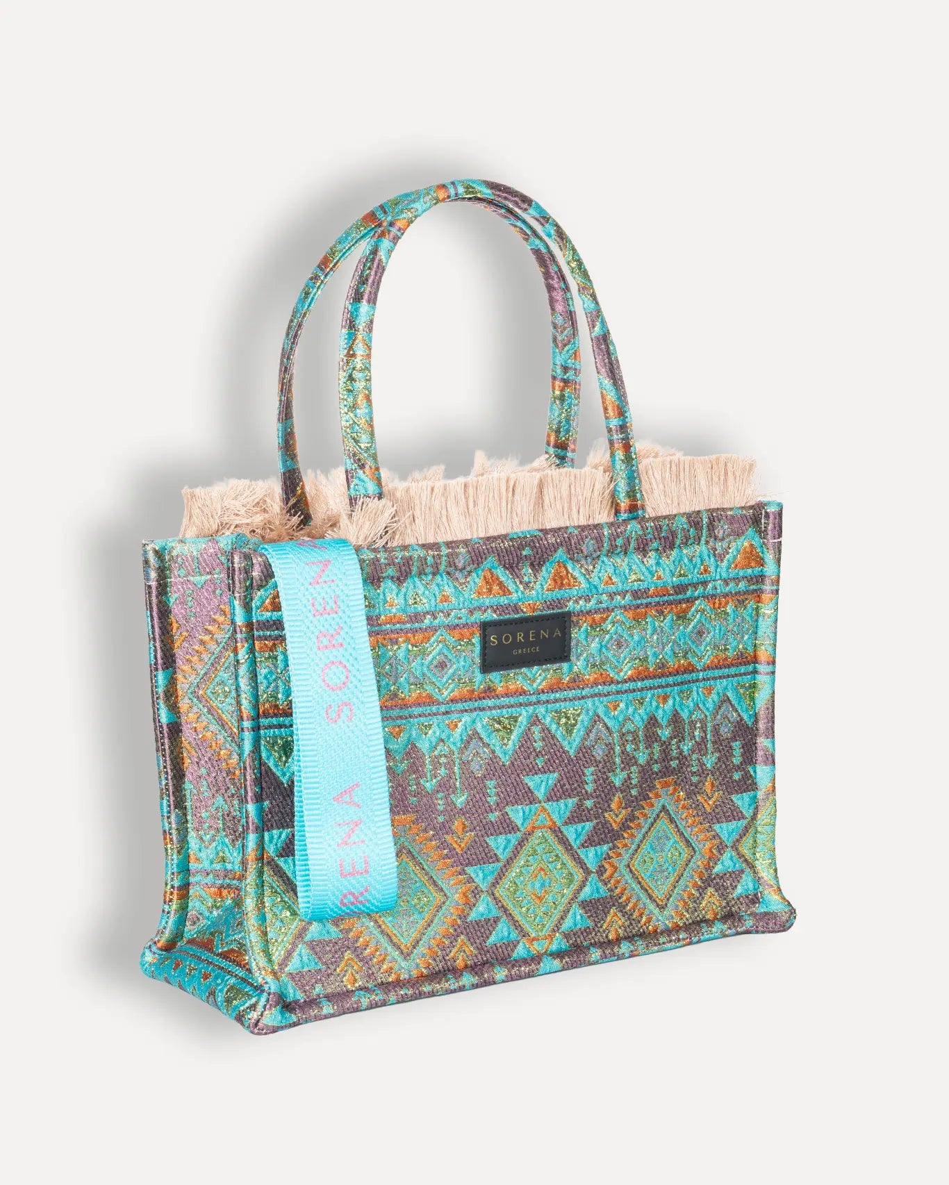 Rechte Seite Fegarada Medium Tote Bag Sorena Greece, Fegarada Abend Sommertasche dunkle gedämpfte Farben griechisches Handwerk.