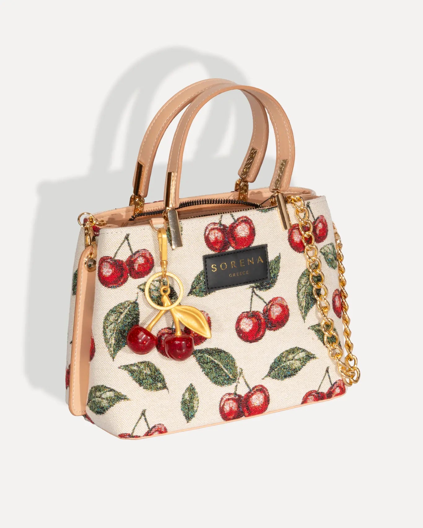 Rechte Seite Galleria Bag Cherry Edition Sorena Greece, Cherry rotes dicht gewobenes Jacquard Gewebe Galleria Bag Form