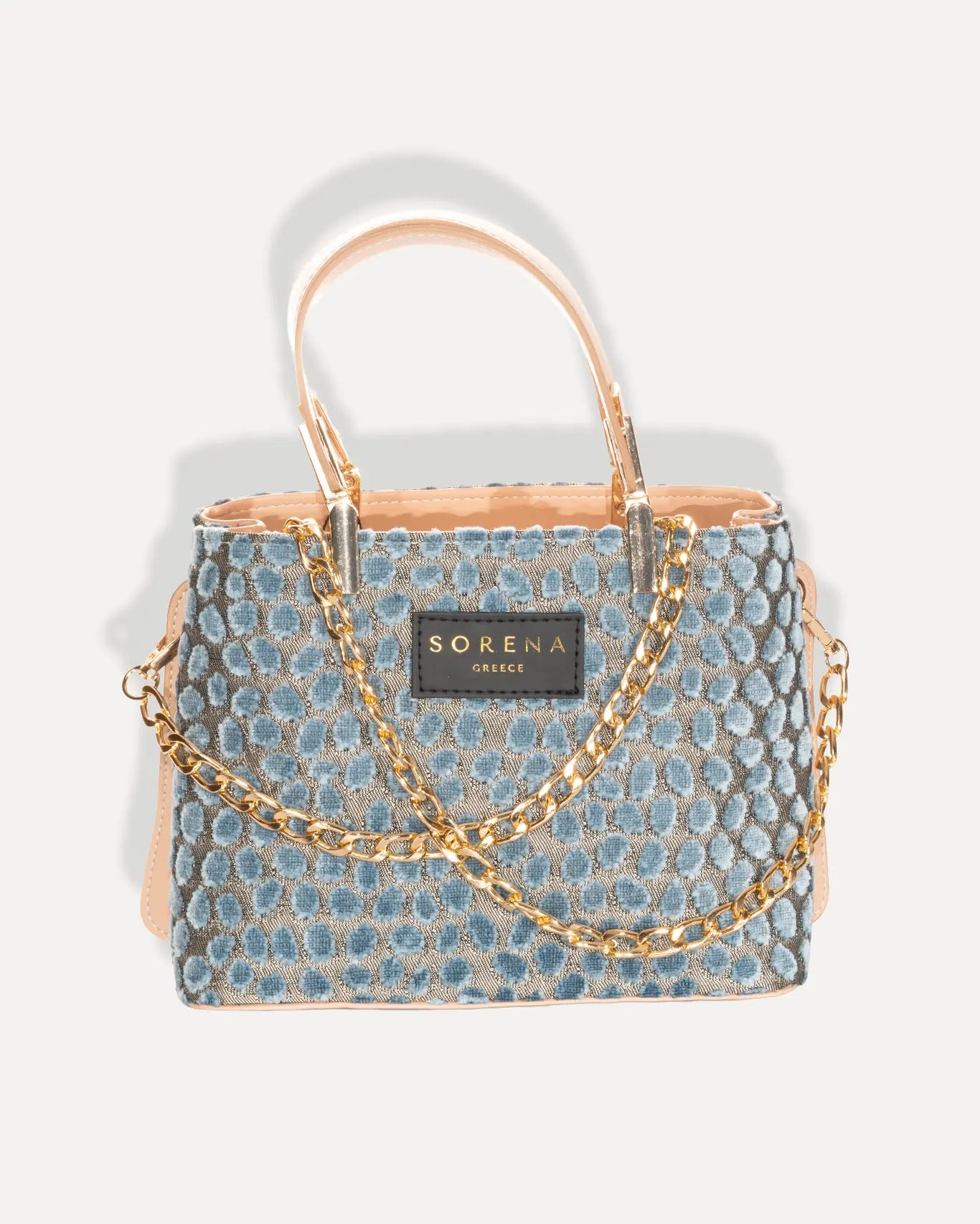 Sorena Greece Galleria Bag Cyclades Edition mit samtweichen Blaugrau Polka Dots, Abend und Freizeittasche handgefertigt Griechenland Cycladitissa