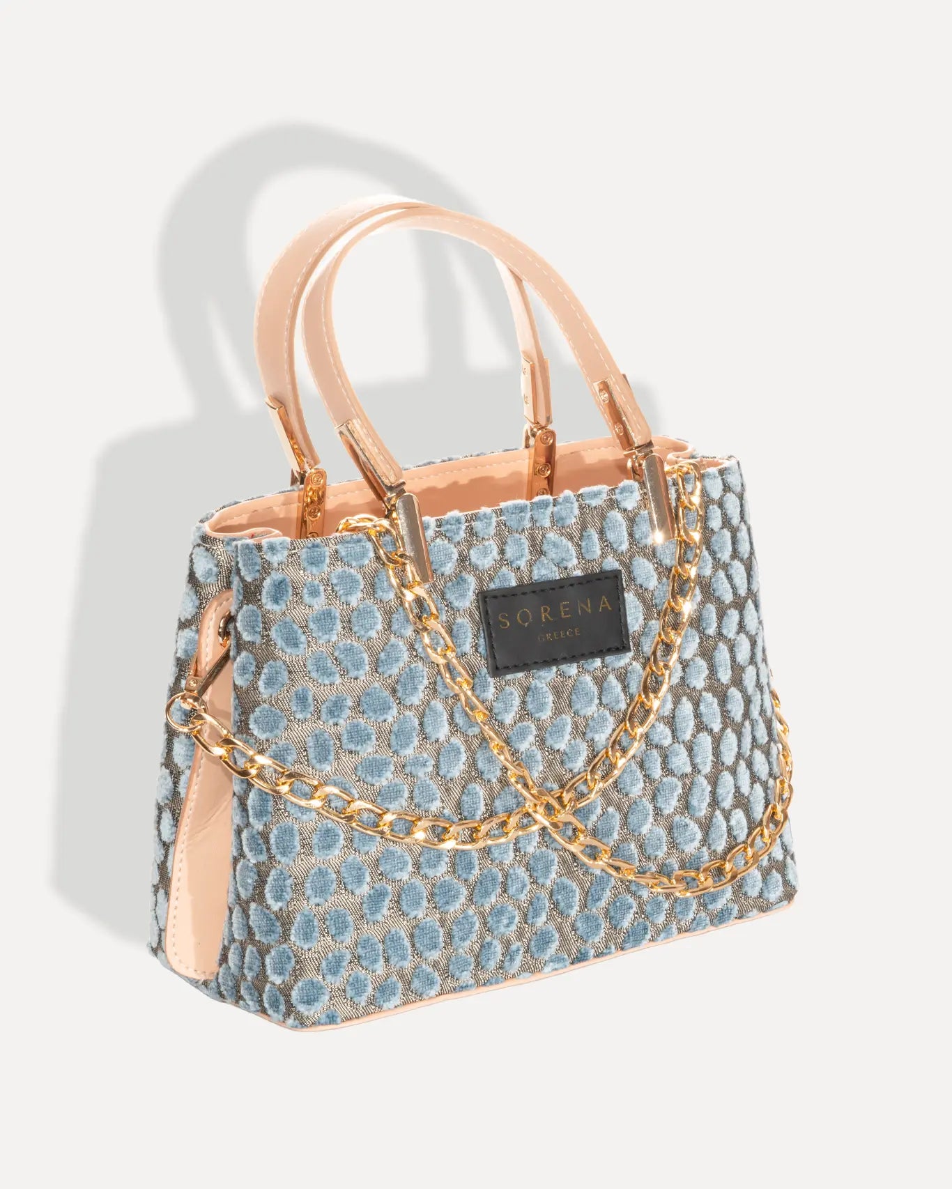 Rechte Seite Galleria Bag Cyclades Edition Sorena Greece, samtartige Polka Dot Struktur Galleria Tasche griechisches Handwerk