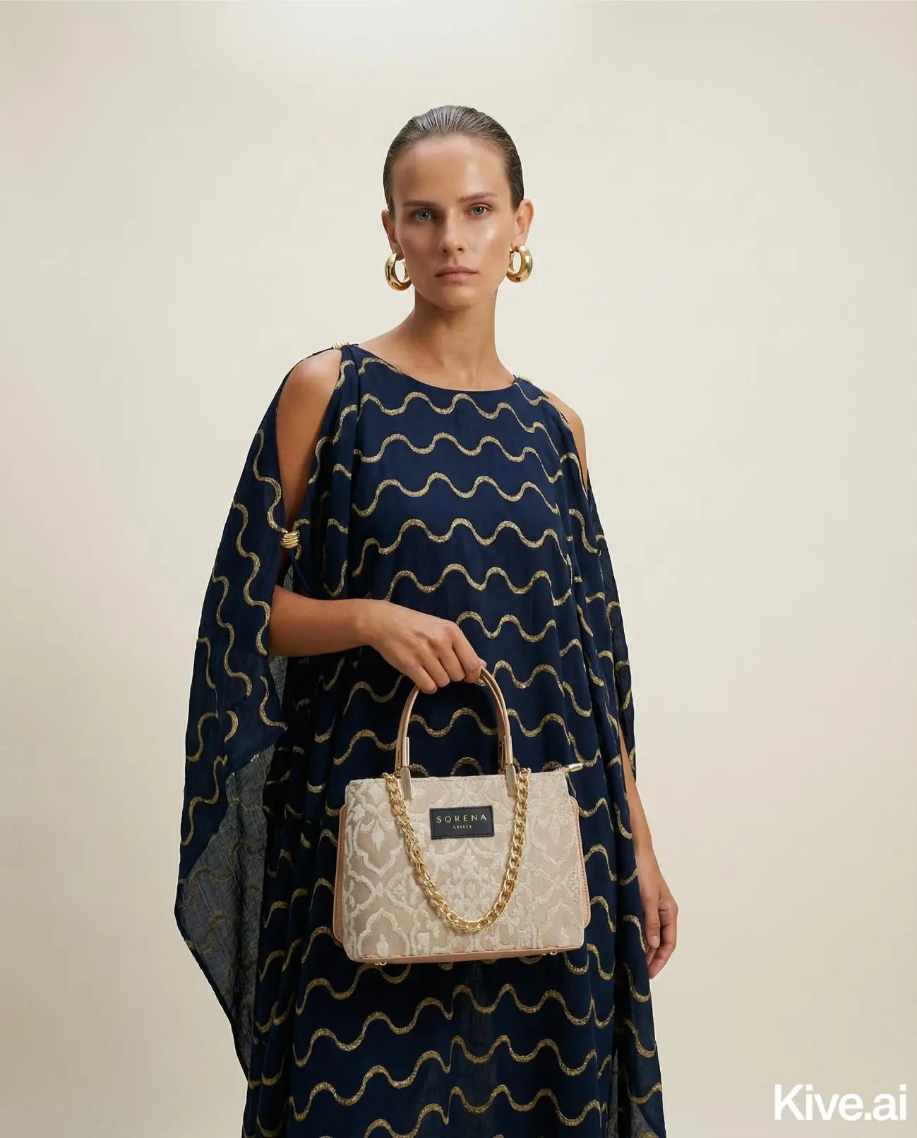 Model mit Galleria Bag Theros Edition Sorena Greece, Tasche vegane Qualität handgefertigt Griechenland