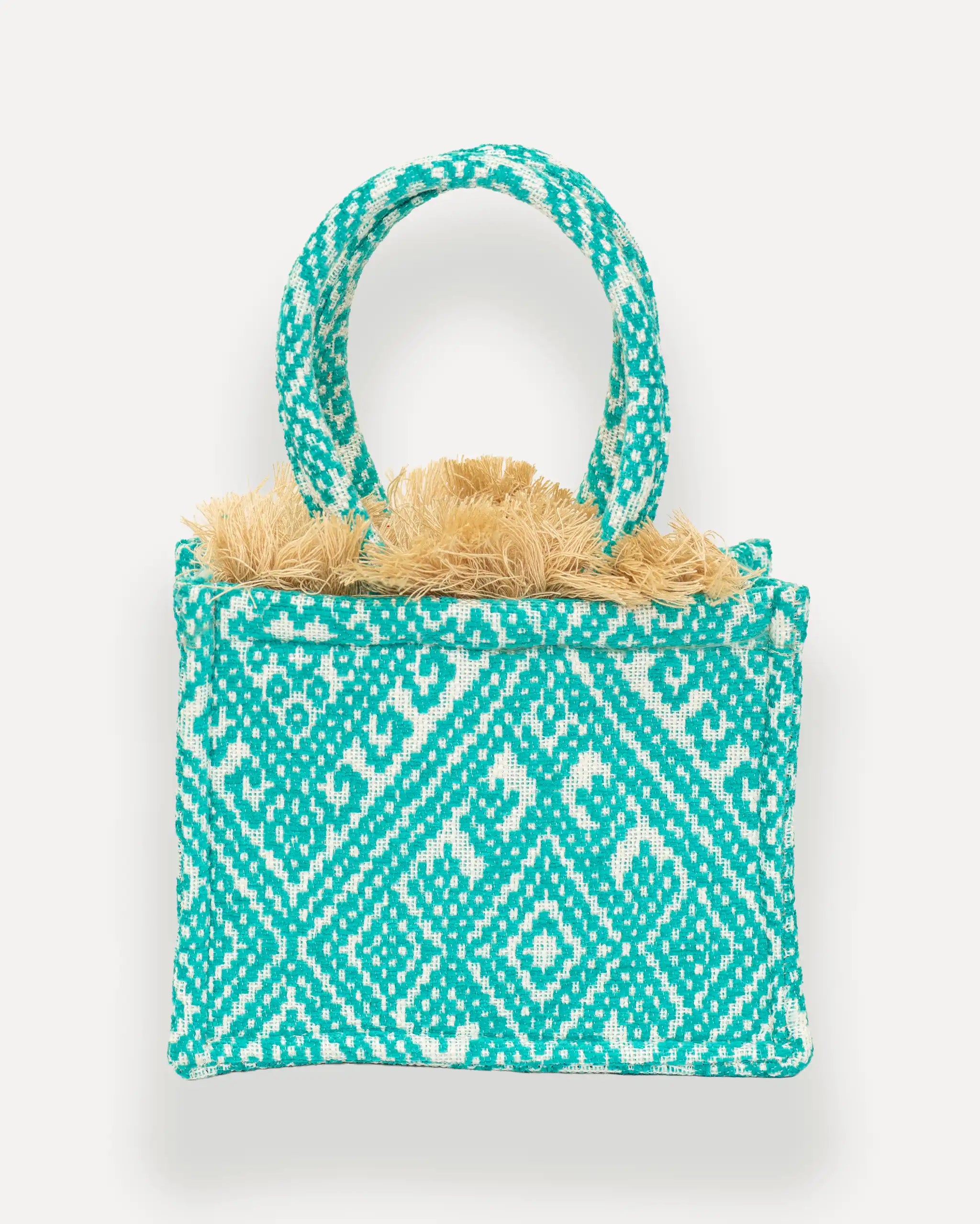 Rückansicht der handgemachten Sorena Greece Mini Tote Bag – strukturierte kleine Umhängetasche für Damen mit goldener Kette, ideal als crossbody bag für stilvolle Looks in der Schweiz.