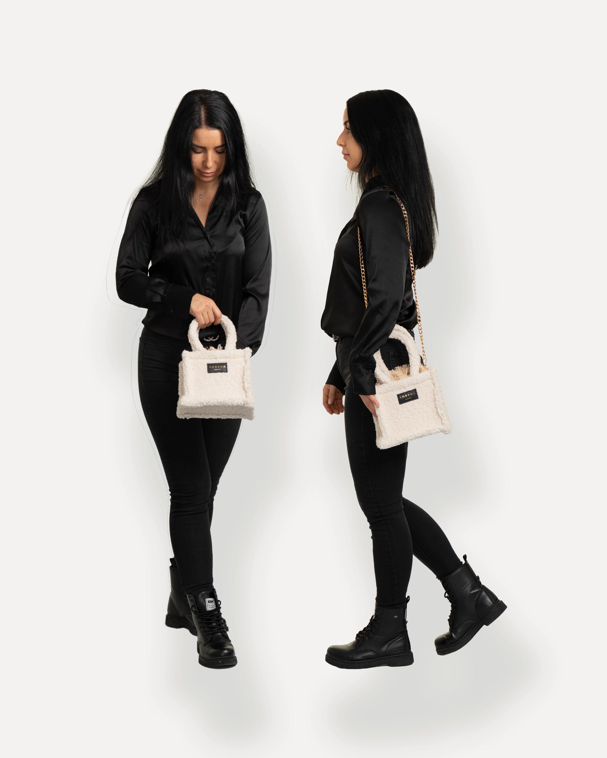 Sorena Greece Mini Bag in zentraler Pose – handgemachte mini tote bag mit goldener Kette, crossbody bag für Damen, perfekte kleine handtasche für Dinner & City, sorena greece bag kaufen schweiz.