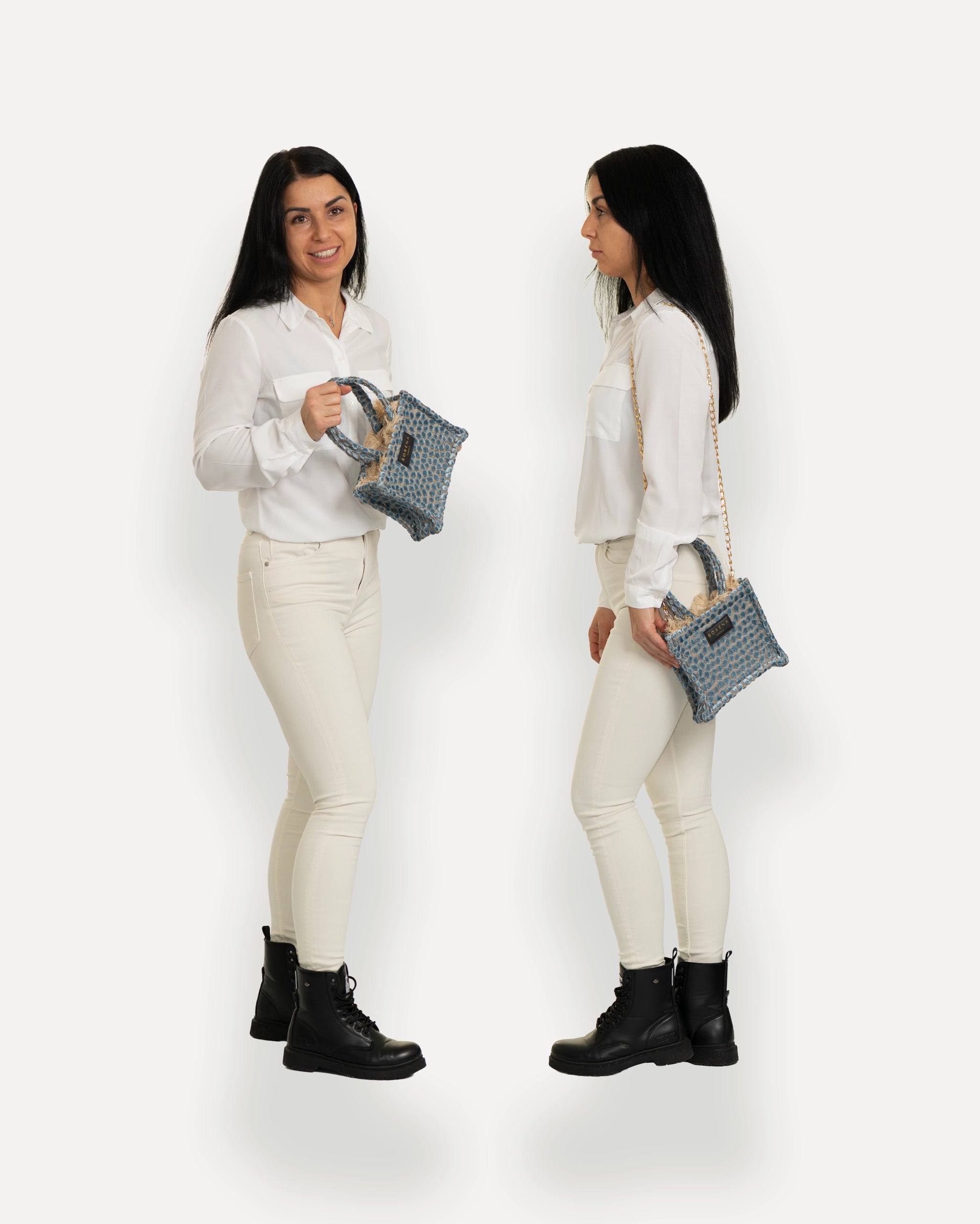 Sorena Greece Mini Bag in zentraler Pose – handgemachte mini tote bag mit goldener Kette, crossbody bag für Damen, perfekte kleine handtasche für Dinner & City, sorena greece bag kaufen schweiz.