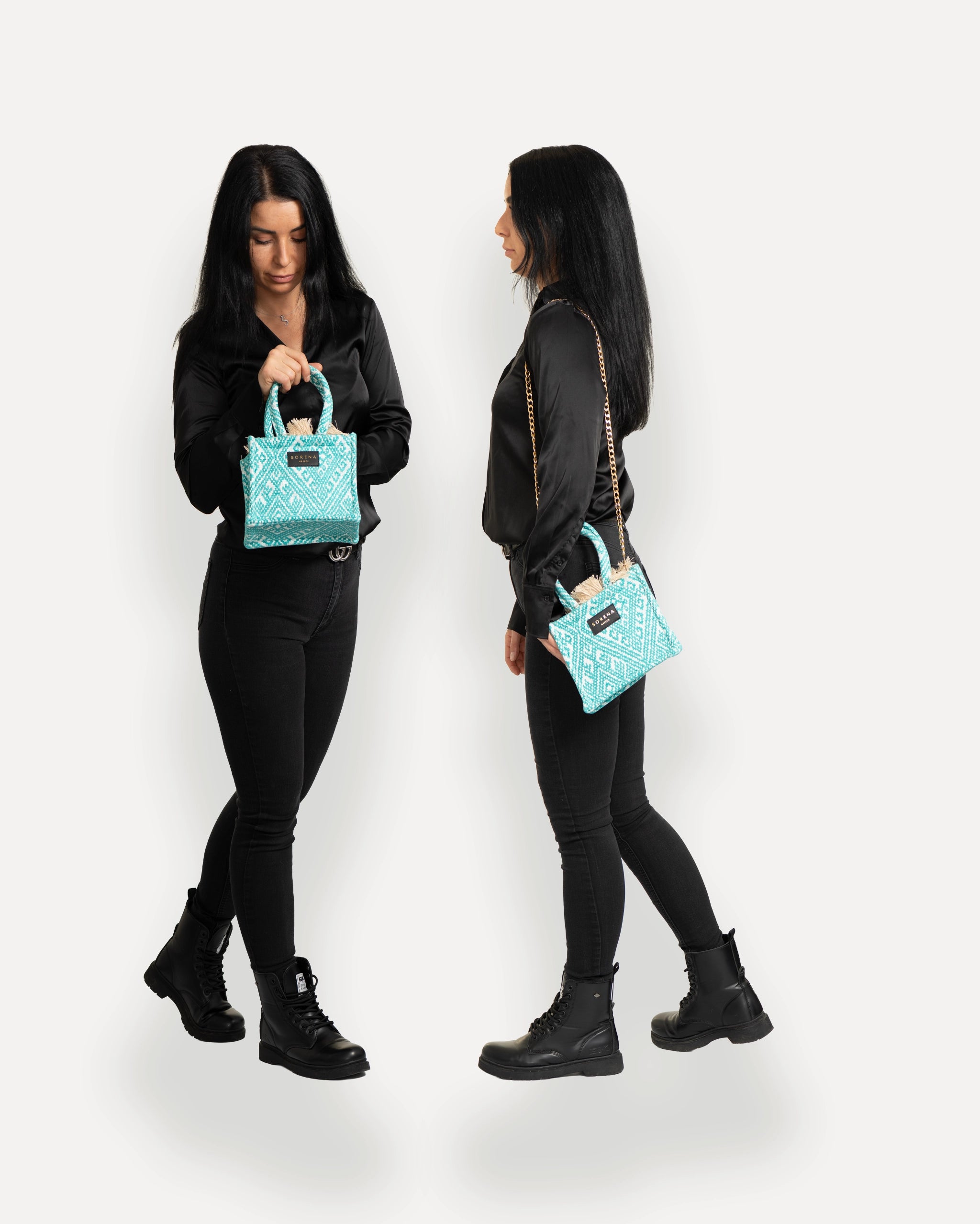 Sorena Greece Mini Bag in zentraler Pose – handgemachte mini tote bag mit goldener Kette, crossbody bag für Damen, limitierte designer bags schweiz mit mediterranem Flair.