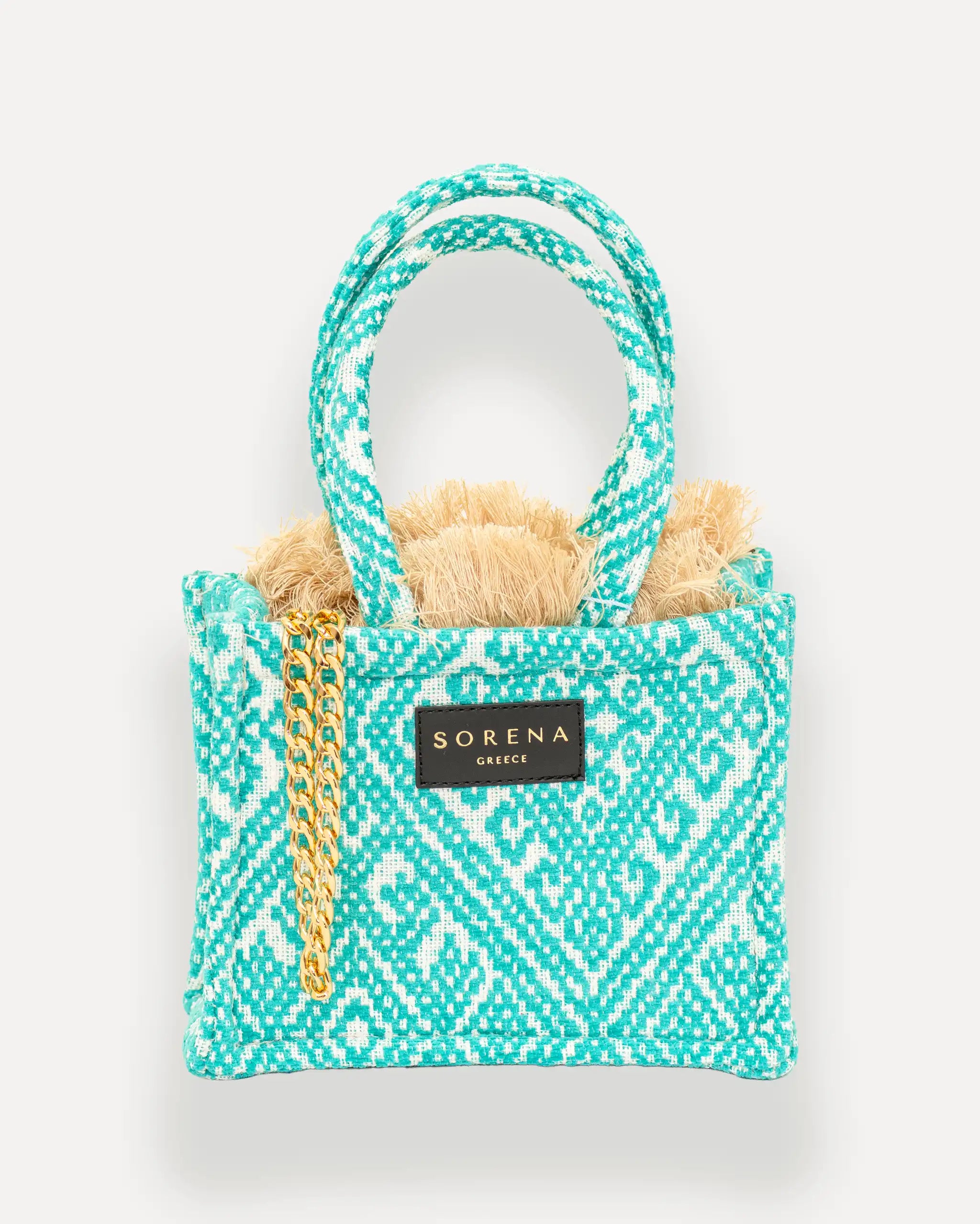 Frontansicht der Sorena Greece Mini Tote Bag – geometrisches Muster, goldene Details, Label sichtbar, perfekte kleine handtasche für Dinner & City, sorena greece bag kaufen schweiz.