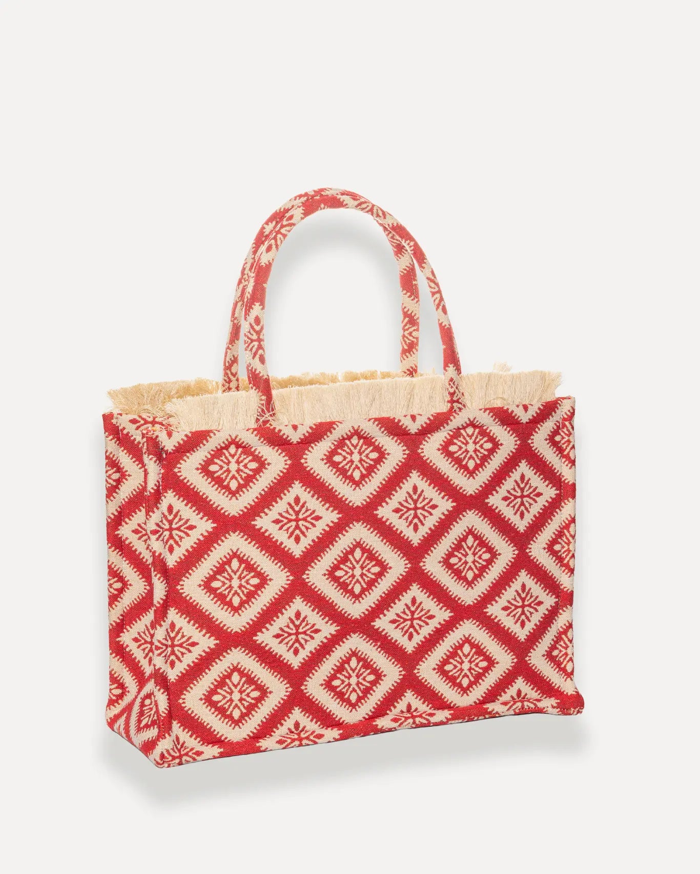 Rückseite Kalokairaki Large Tote Bag Sorena Greece, roter Jacquard Canvas handgefertigt Cycladen Kollektion Sommer