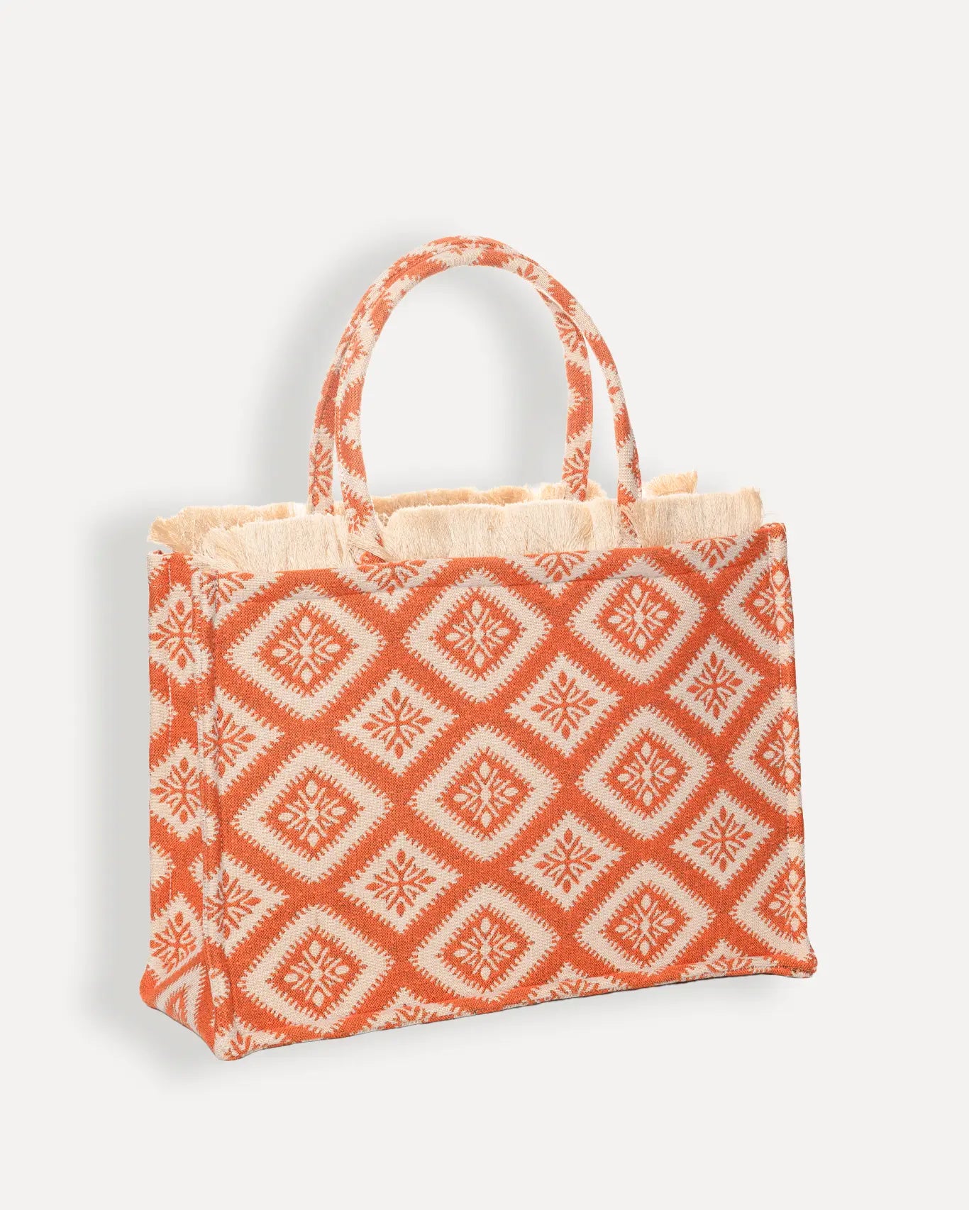 Rückseite Kasteli Large Tote Bag Sorena Greece, Jacquard Canvas in Orange Ivory, Handarbeit griechische Qualität großer Shopper