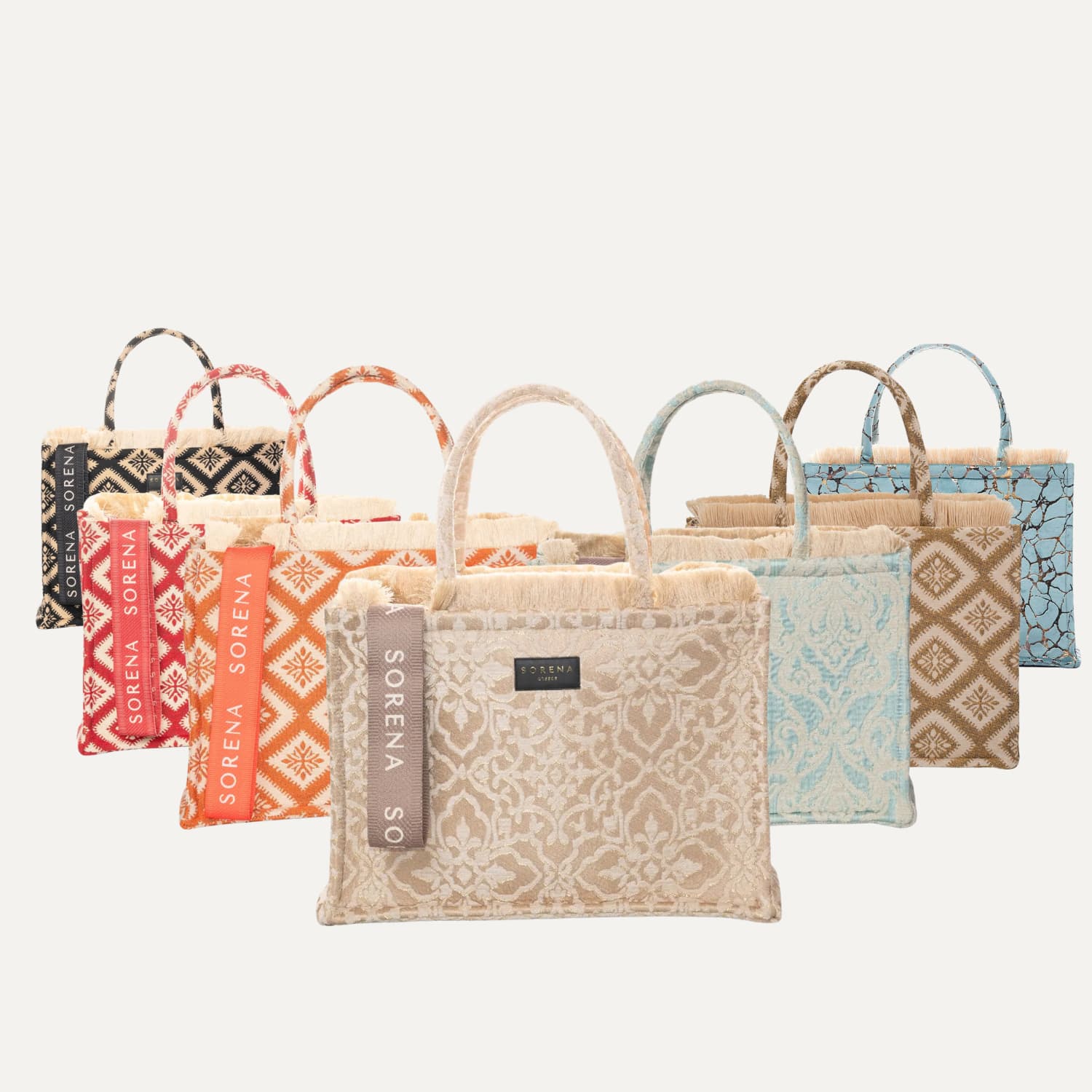 Sorena Greece Large Tote Bag Kollektion handgefertigte große Shopper 42x31cm aus Griechenland, geräumige vegane Damentasche für Alltag Büro und Reisen, Jacquard Samt nachhaltige Materialien limitiert SIMORA Schweiz