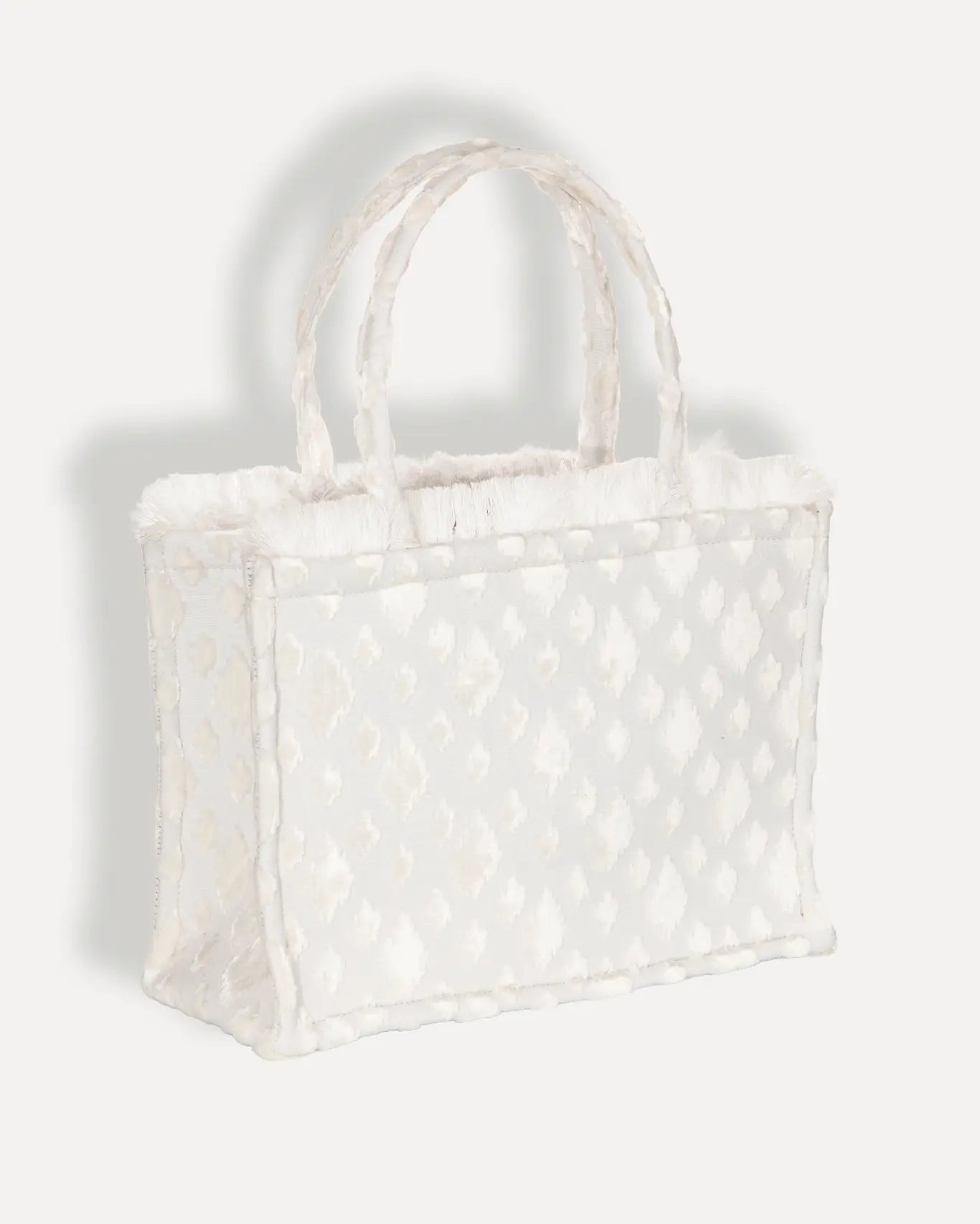 Rückseite Milos Medium Tote Bag Sorena Greece, cremefarbener Bouclé Rückseite handgefertigte Qualität Griechenland Shopper.