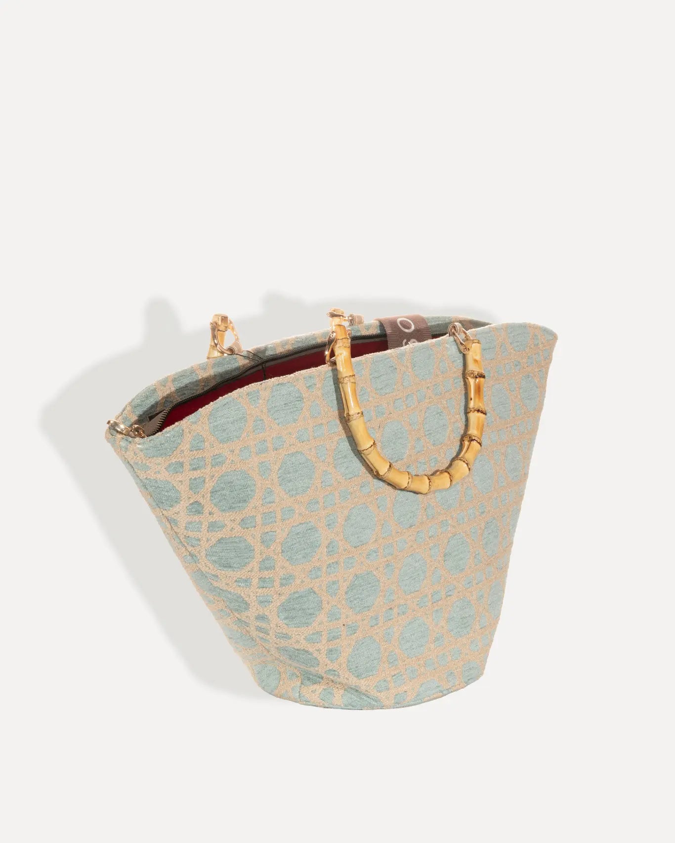 Rückseite Oceanis Medium Basket Bag Sorena Greece, Korbform Himmelblau Beige Jacquard Rückseite handgefertigte Qualität