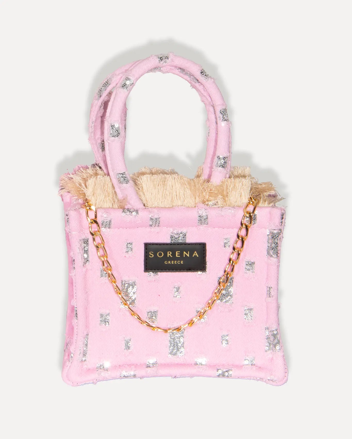 Sorena Greece Rozalia Mini Tote Bag zartrosa Canvas mit metallischen Schimmer Akzenten, kleine handgefertigte Sommertasche Griechenland und goldener Kette.