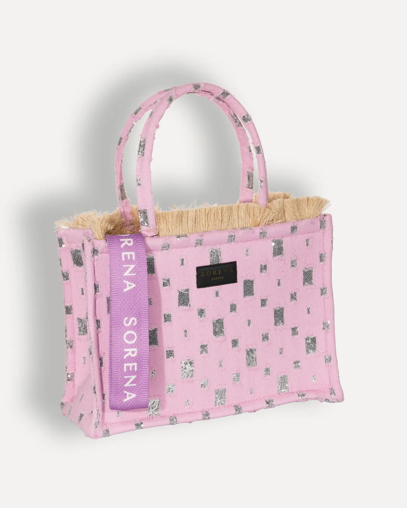 Rechte Seite Rozalia Medium Tote Bag Sorena Greece, Rosa Metallic Canvas handgefertigt Griechenland Sommershopper Cycladitissa.