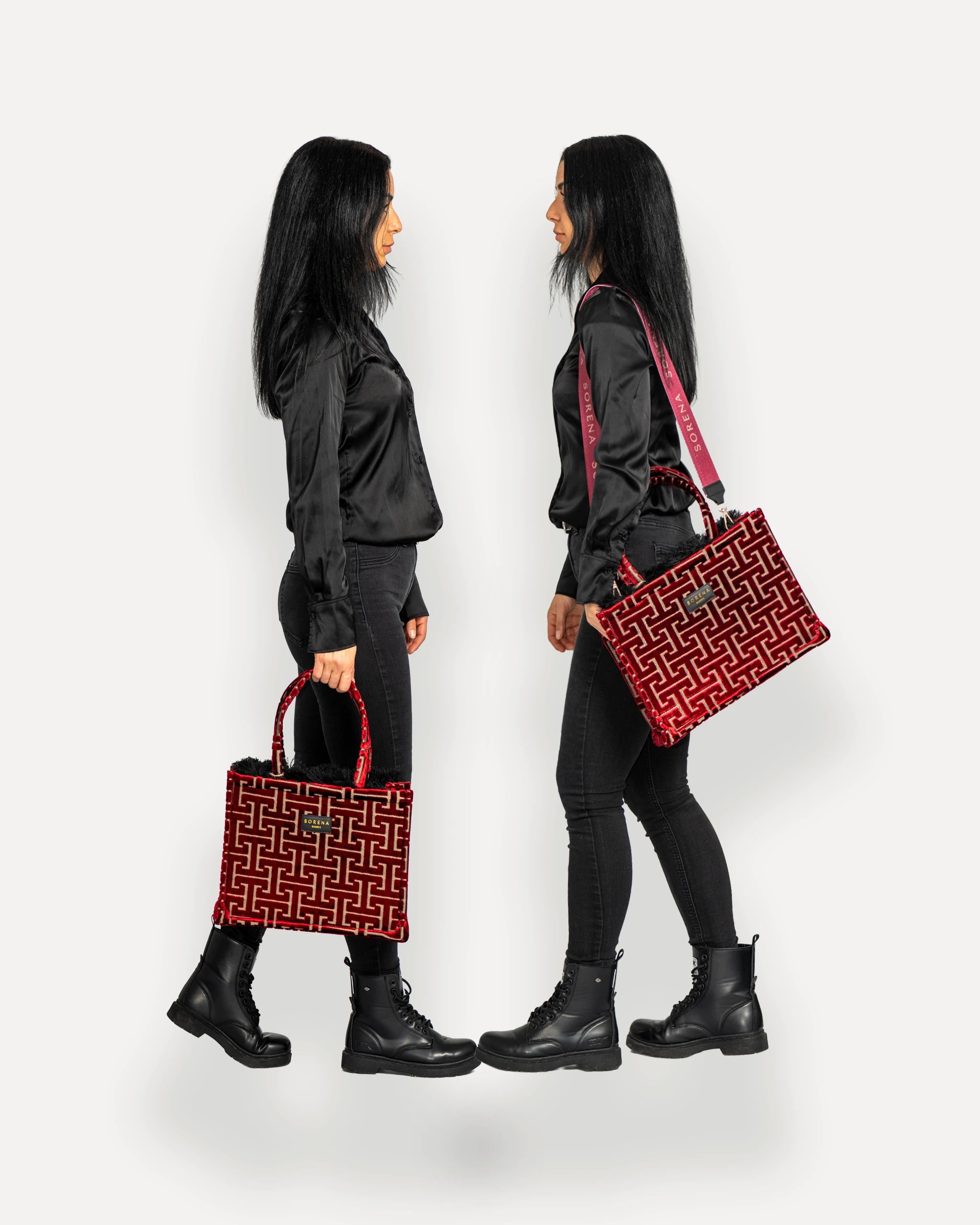 Sorena Greece Tote Bag in zentraler Pose – große tote bag mit Label und Branding, perfekte handtasche für Dinner & City, sorena greece bag kaufen schweiz.