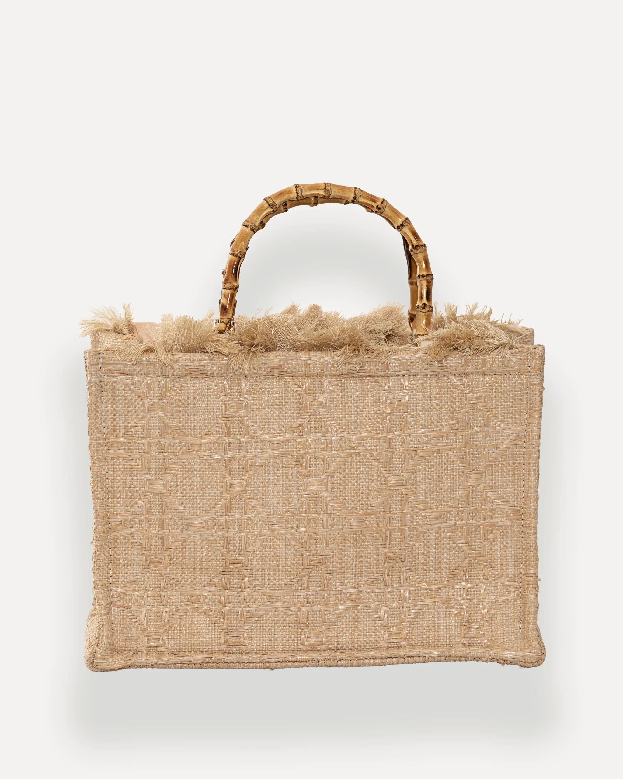 Rückansicht der Sorena Greece Medium Tote Bag – strukturierte tote bag mit gewebter Oberfläche und Fransen, elegante shopper bag aus Naturmaterialien, bags schweiz mit mediterranem Flair.