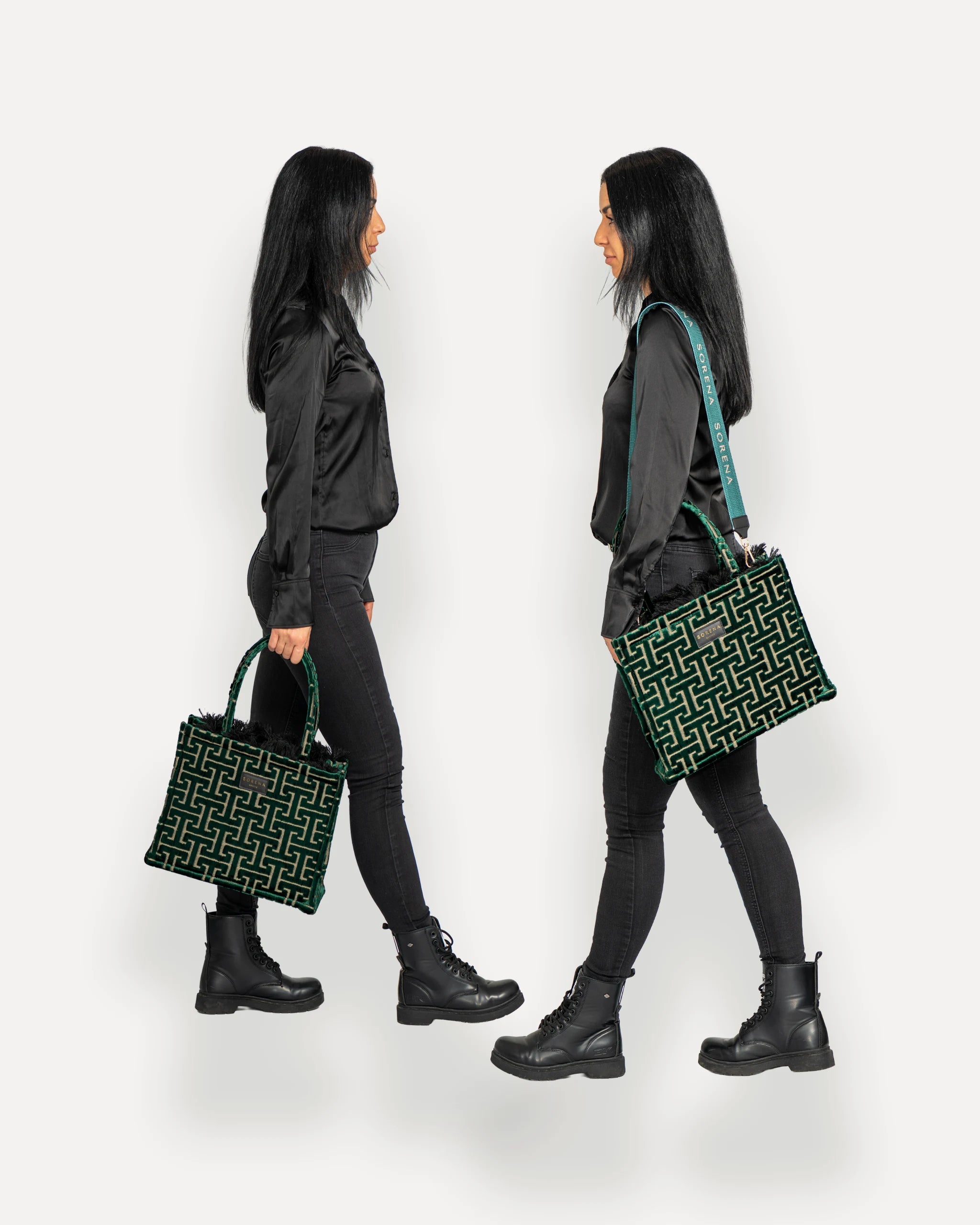 Sorena Greece Tote Bag in zentraler Pose – große tote bag mit Fransen, Label und Branding, perfekte handtasche für Dinner & City, sorena greece bag kaufen schweiz.