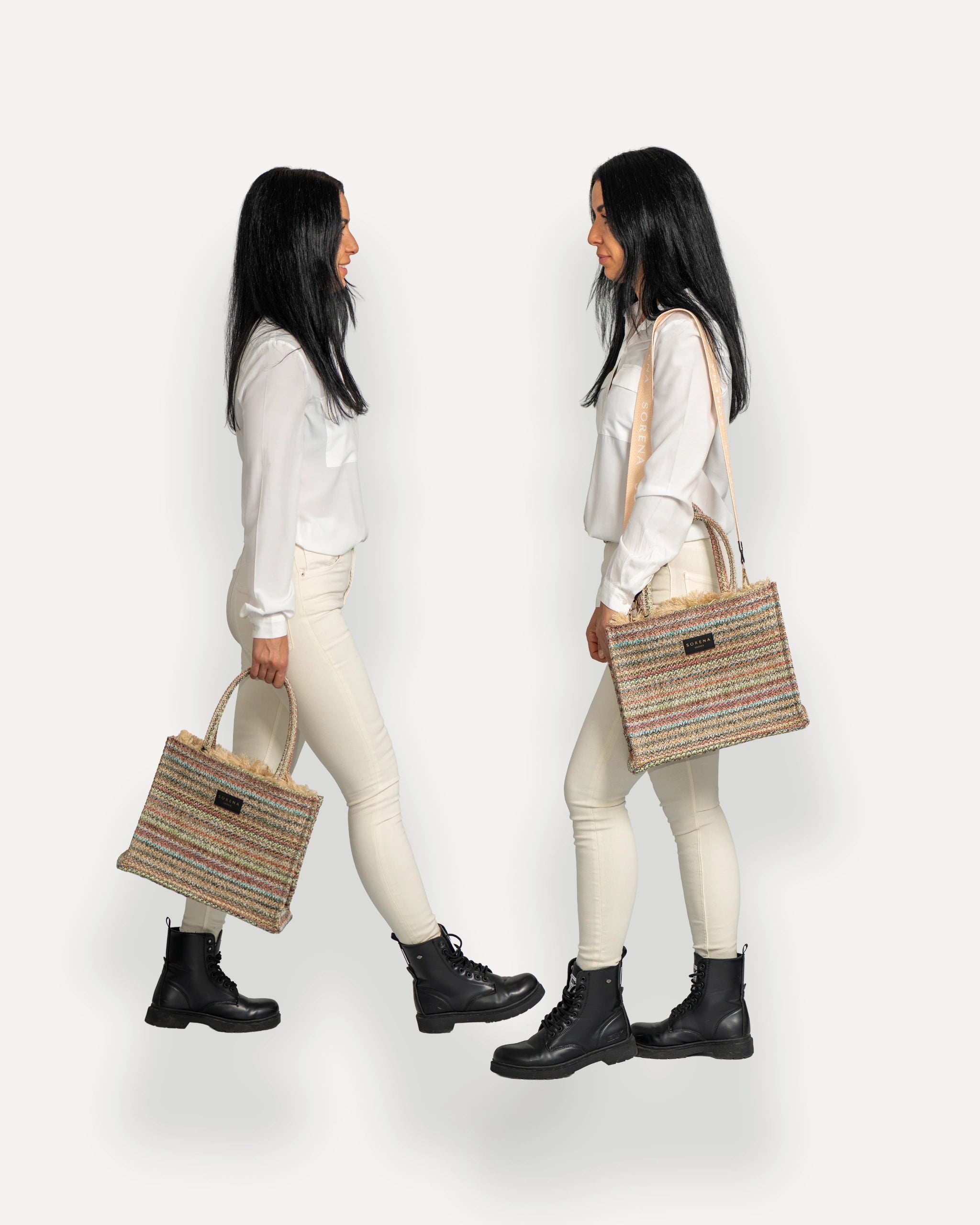 Sorena Greece Tote Bag in zentraler Pose – große tote bag mit Fransen, Label und Branding, perfekte handtasche für Dinner & City, sorena greece bag kaufen schweiz.