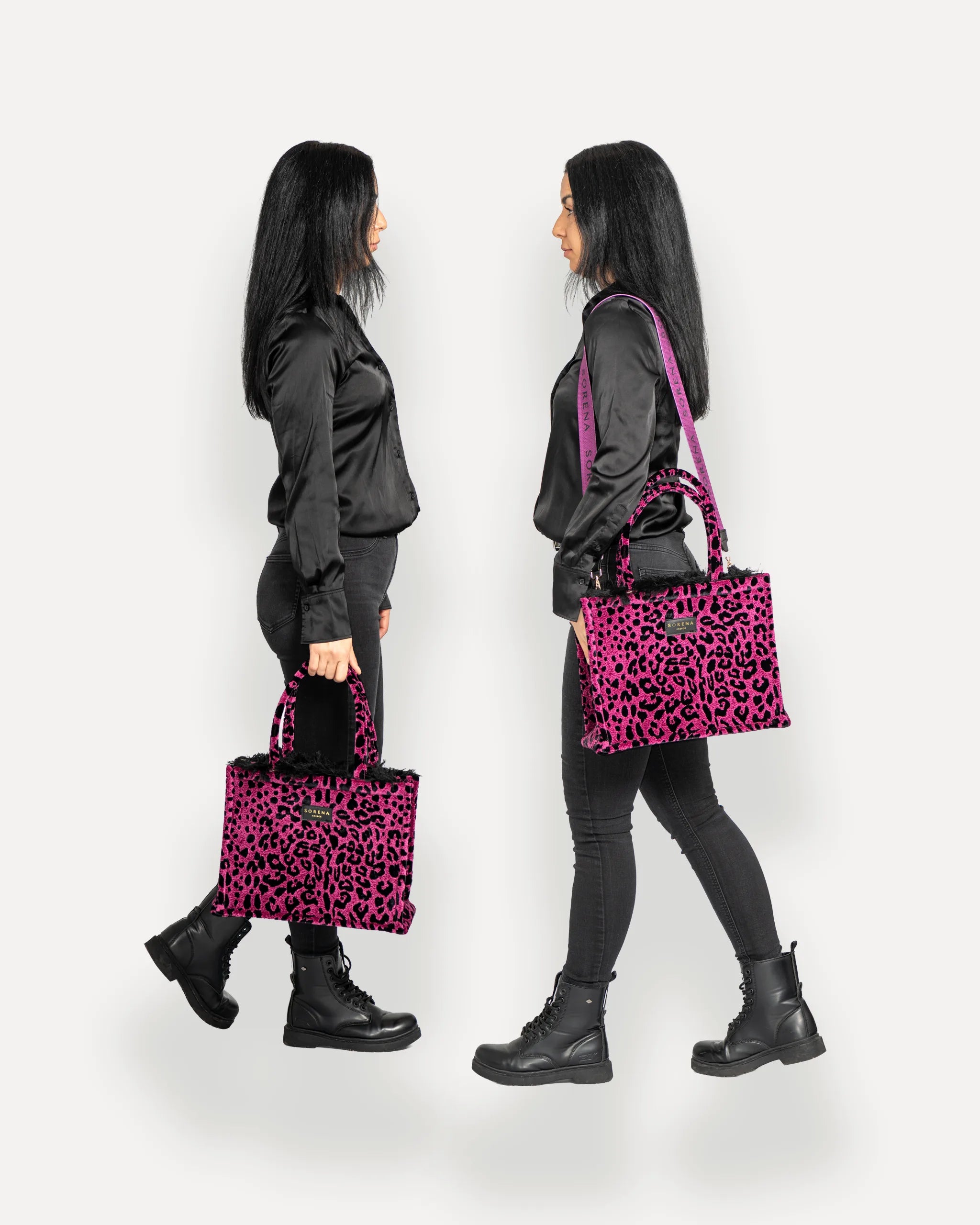 Sorena Greece Tote Bag in zentraler Pose – große tote bag mit Label und Branding, perfekte tiermuster handtasche für Dinner & City, sorena greece bag kaufen schweiz.