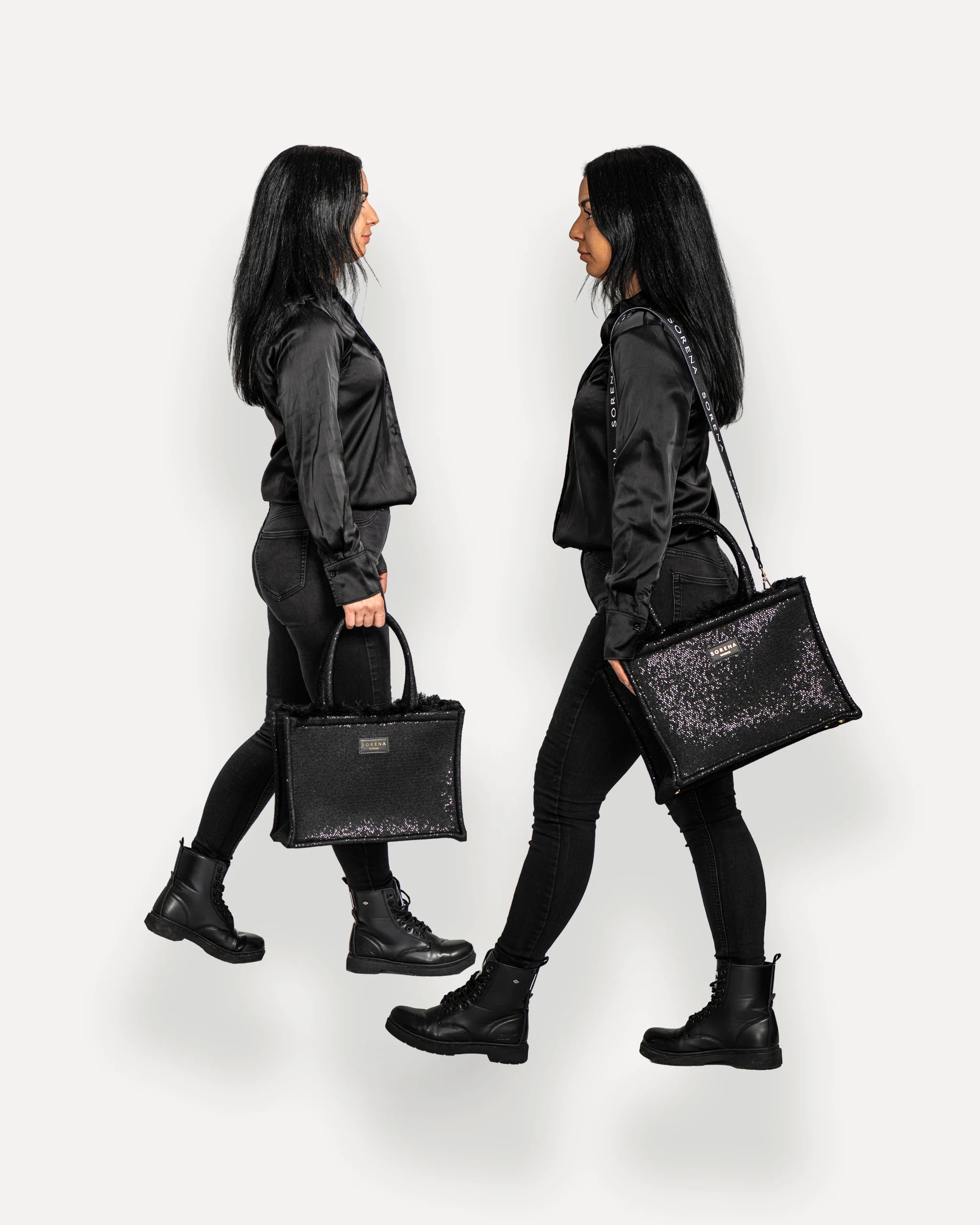 Sorena Greece Tote Bag in zentraler Pose – große tote bag mit Fransen, Label und Branding, perfekte handtasche für Dinner & City, sorena greece bag kaufen schweiz.