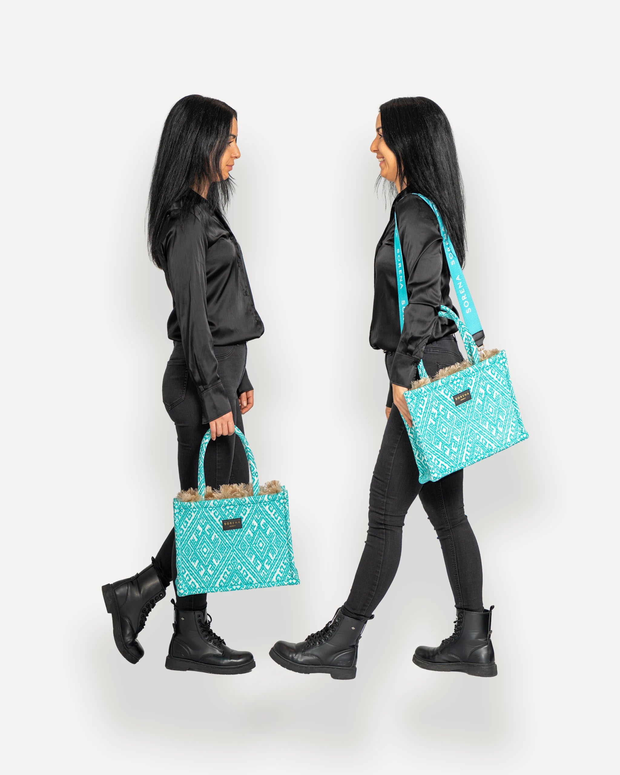 Sorena Greece Tote Bag in zentraler Pose – große tote bag mit Fransen, Label und Branding, perfekte handtasche für Dinner & City, sorena greece bag kaufen schweiz.