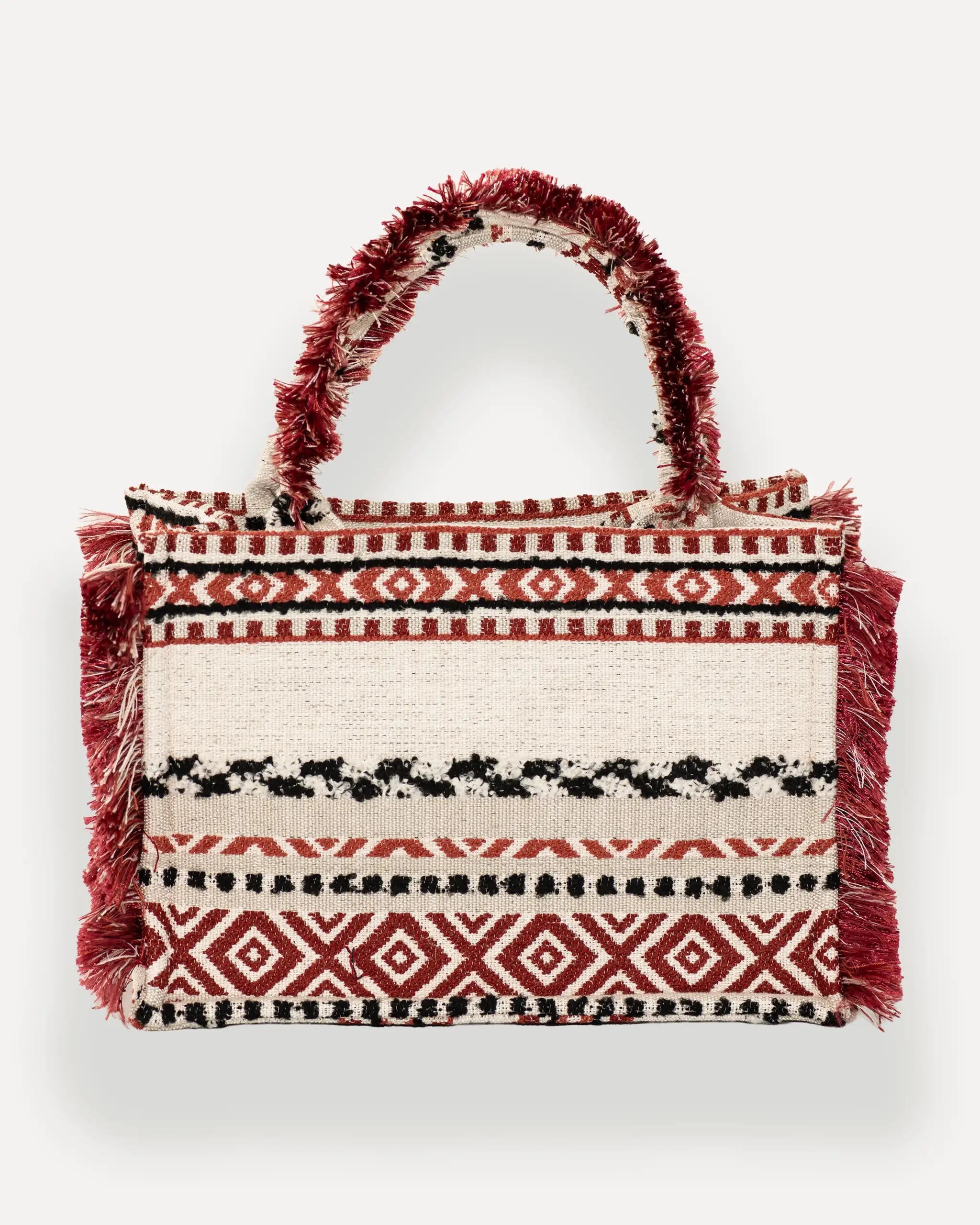 Rückansicht der Sorena Greece Large Tote Bag – grosse shopper tasche mit tribal-inspiriertem Webmuster in Rot, Schwarz und Beige, strukturierte boho tasche mit Fransen, bags schweiz mit mediterranem Flair.