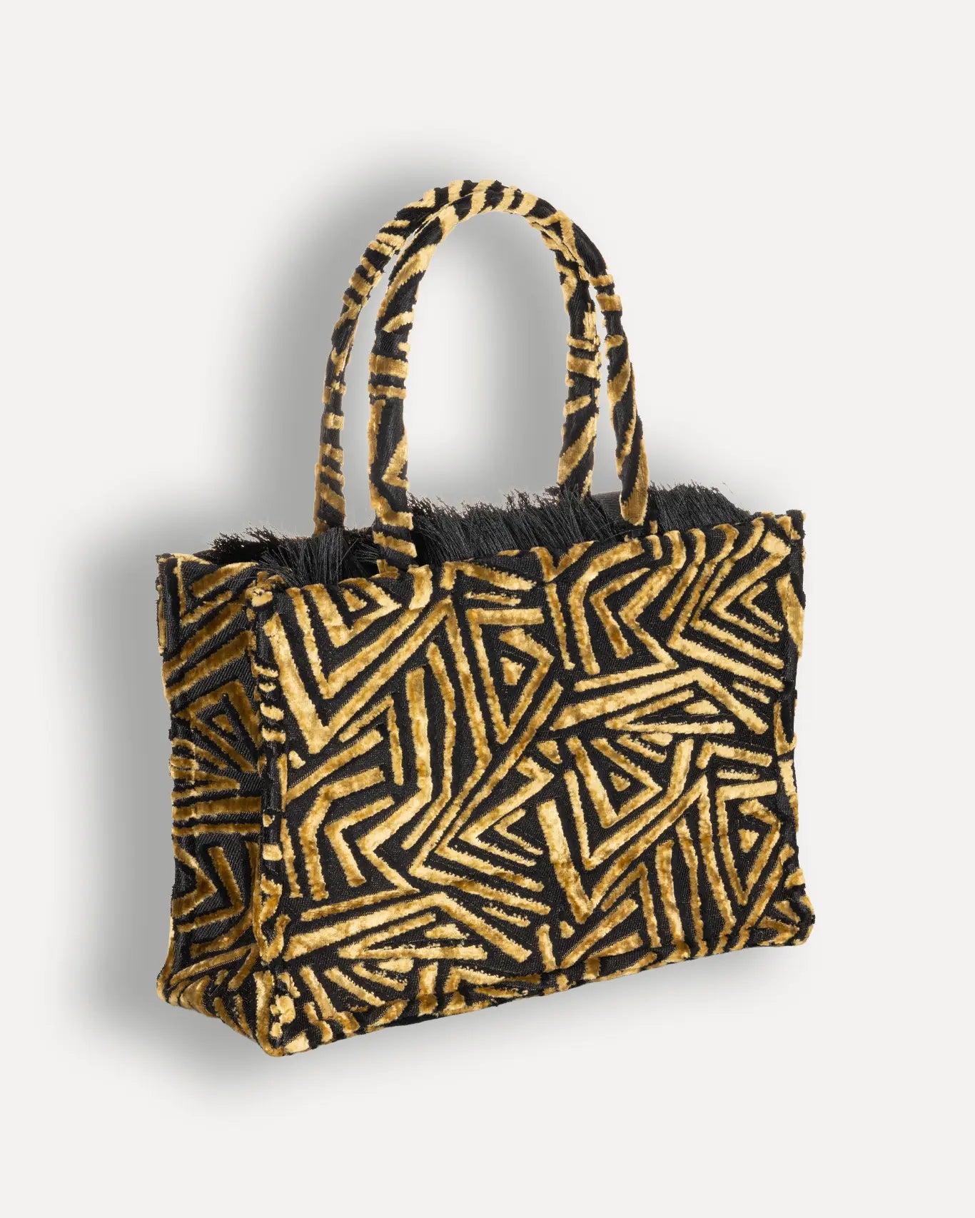Rückseite Sorena Greece Sylvana Medium Tote Bag, schwarzer Canvas goldocker Samtvelour abnehmbare Sorena Umhängegurt Reißverschluss handgefertigte Qualität Griechenland FW25