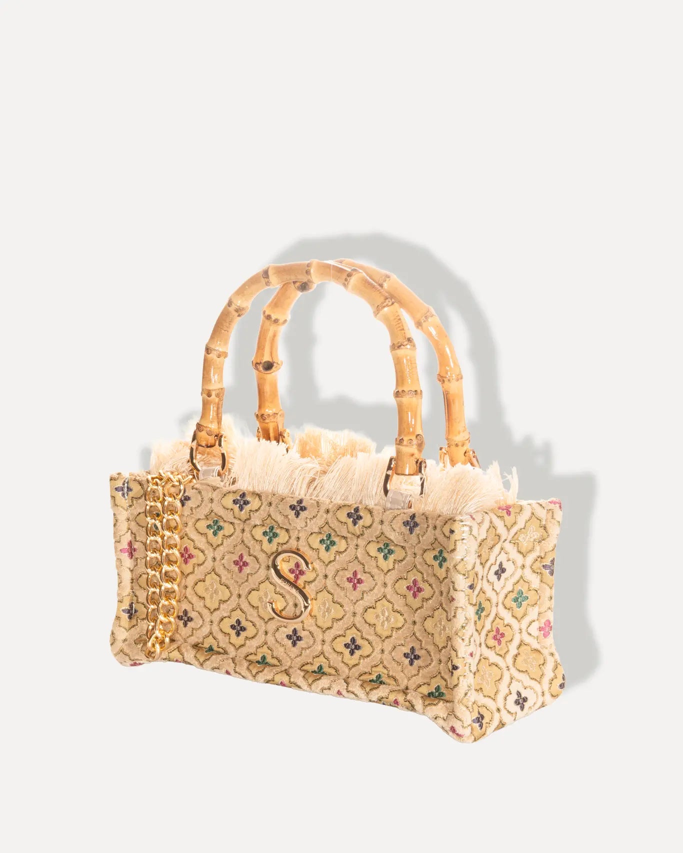 Linke Seite Thea Mini Bamboo Tote Bag Sorena Greece, Bambusgriff Honigfarbe poliert goldenes S Hardware kleiner Shopper