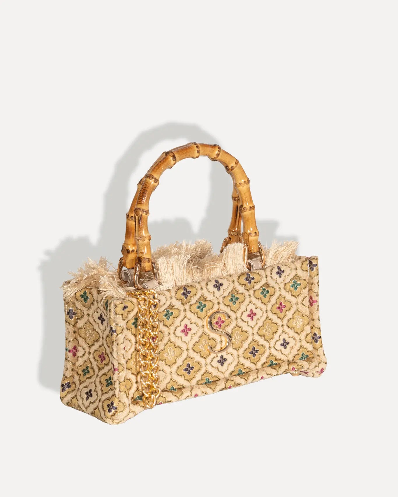 Rechte Seite Thea Mini Bamboo Tote Bag Sorena Greece, mini Bamboo Shopper Honigfinish Bamboo Griff goldenes Monogramm handgefertigt