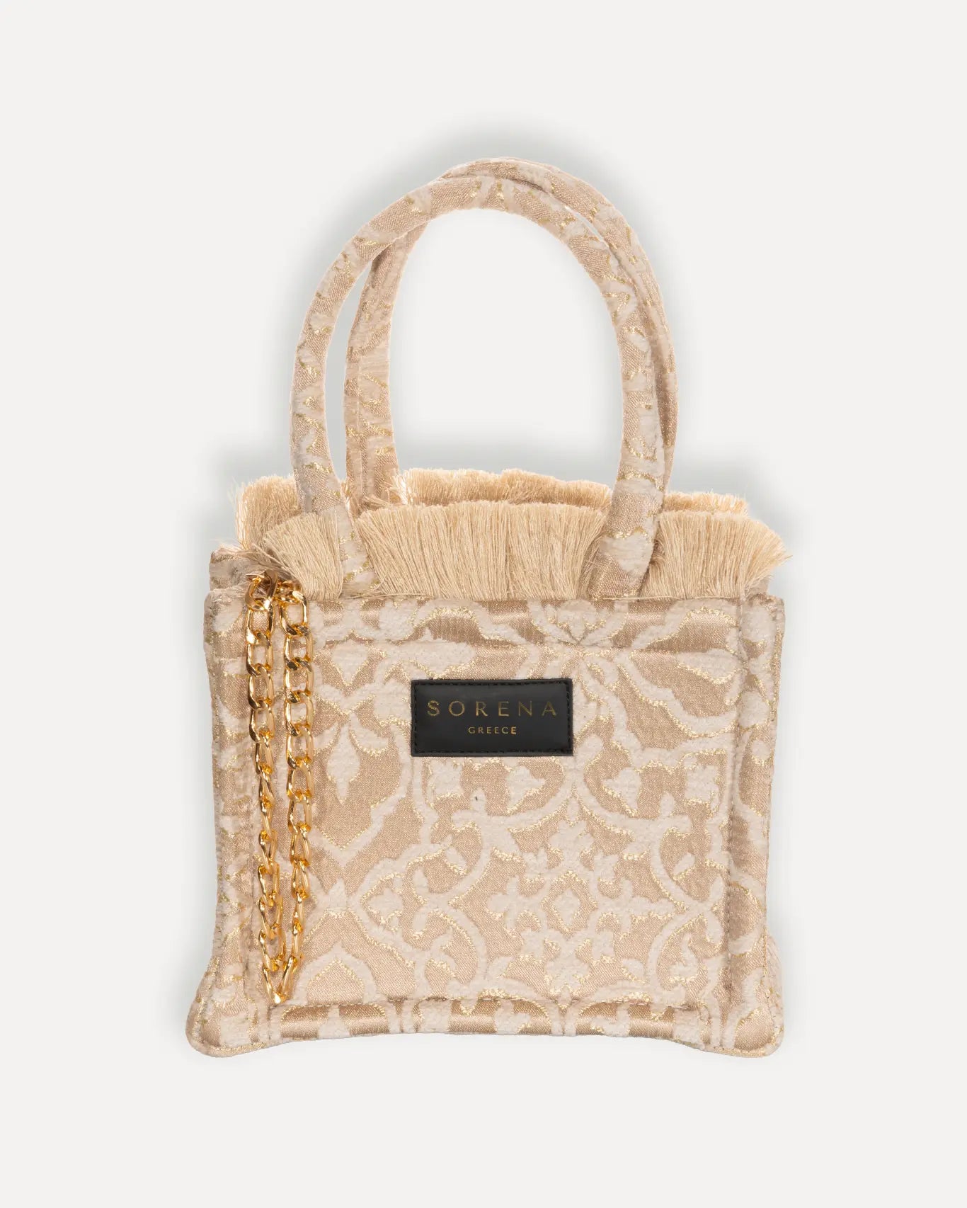 Sorena Greece Theros Mini Tote Bag kleiner Shopper mit goldfarbener Metallkette, handgefertigt Griechenland Cycladitissa Kollektion