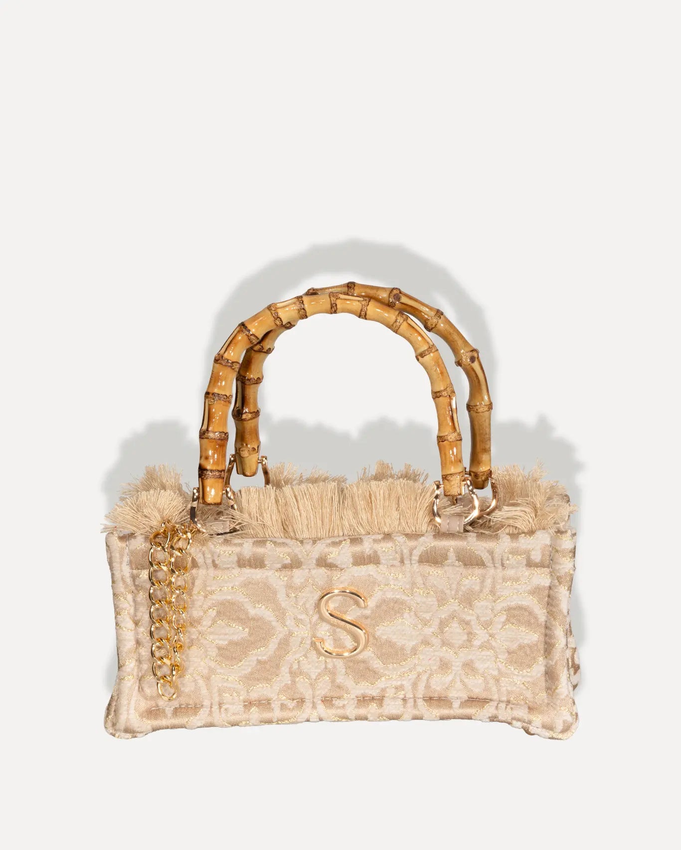 Sorena Greece Theros Mini Bamboo Tote Bag kleiner Shopper mit handgefertigten Bambusgriffen honigfarben poliert, goldfarbene Kette Cycladitissa Kollektion