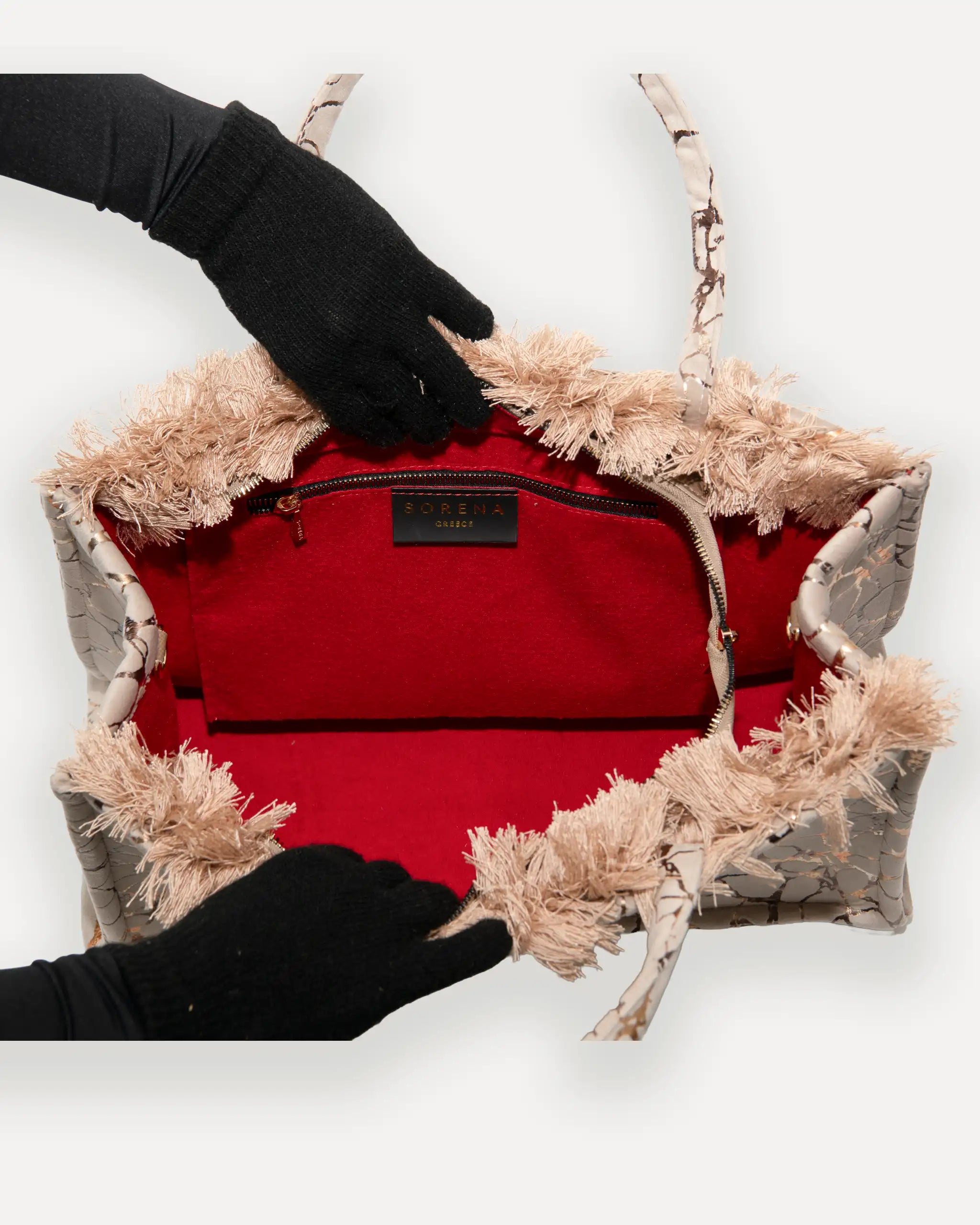 Innenansicht der Sorena Greece Large Tote Bag – geräumiger Stauraum für Alltag und Büro, ideale shopper bag mit mediterraner Herkunft, handgemachte tasche aus griechenland bestellen.