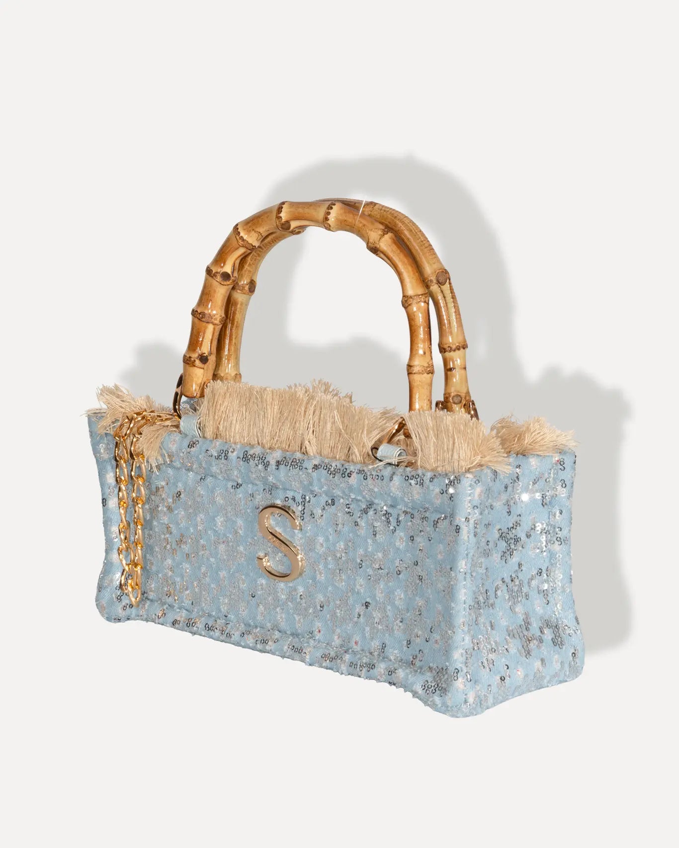 Linke Seite Tritiani Mini Bamboo Tote Bag Sorena Greece, Bambusgriff honigfarben Pailletten Silber irisierend mini kompakt handgefertigt