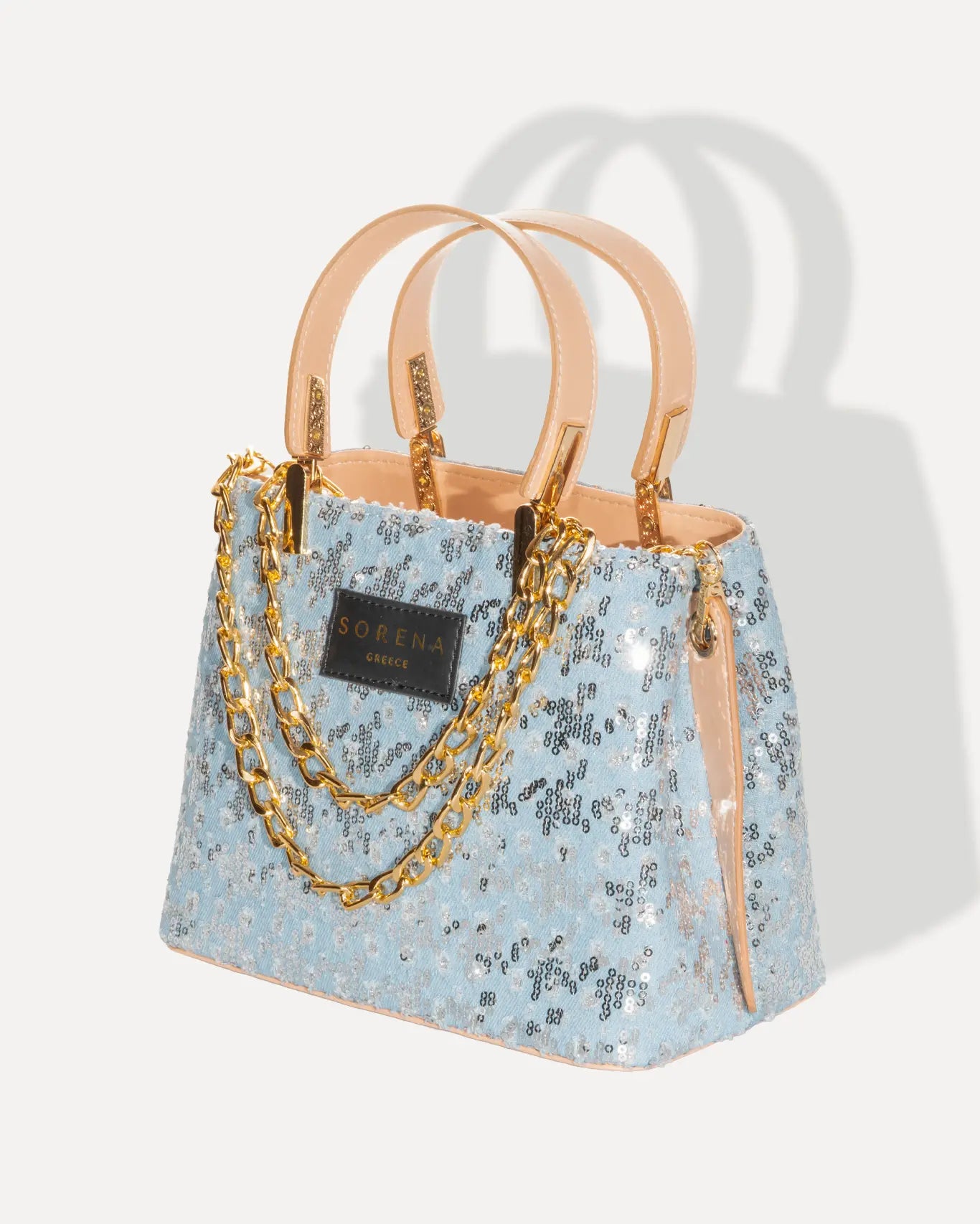 Linke Seite Galleria Bag Tritiani Edition Sorena Greece, Galleria Form Pailletten Silber irisierend goldfarbene Details handgefertigt