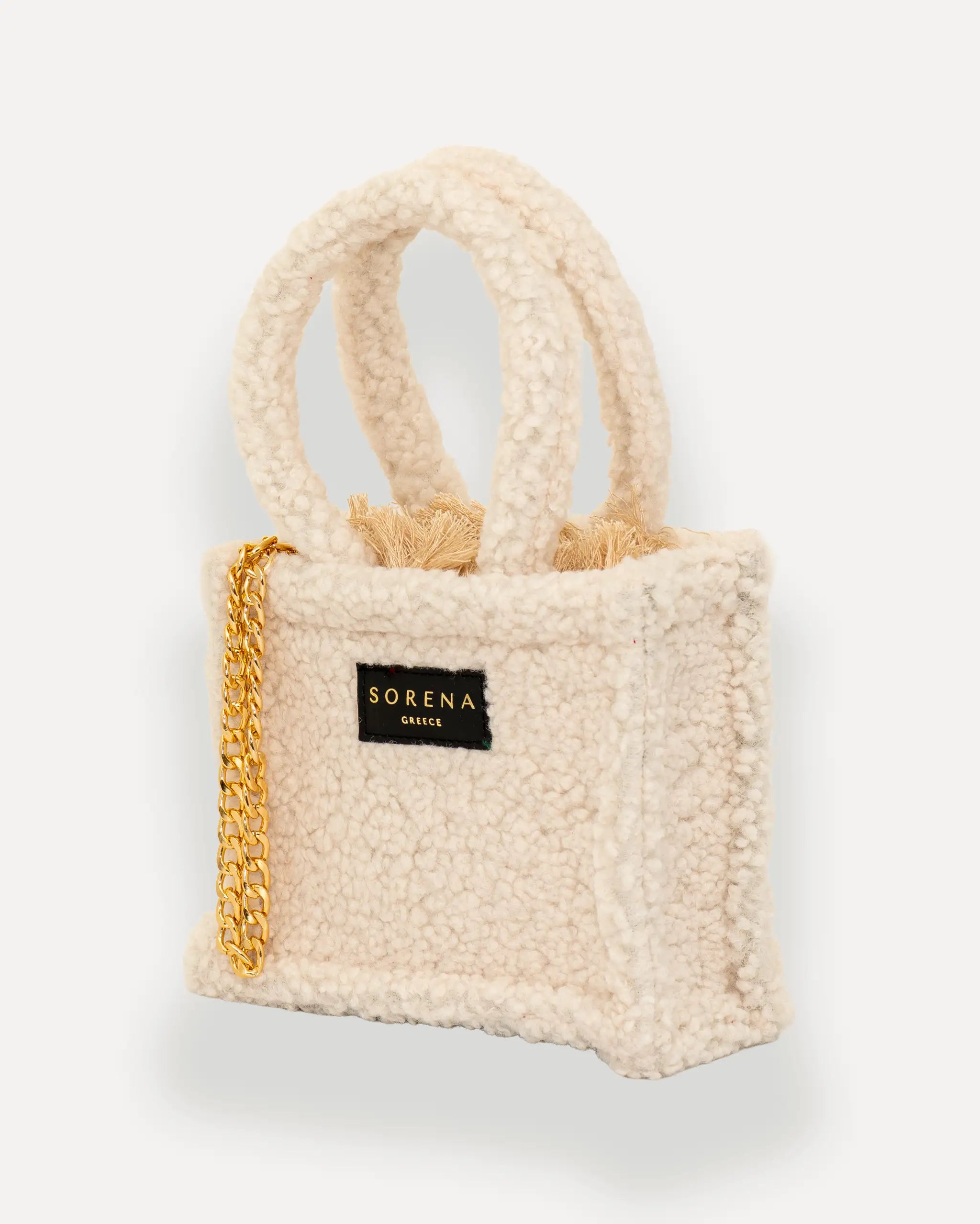 Sorena Greece Mini Tote Bag– kleine handtasche mit goldener Kette und Fransen, ideal als mini bag für Damen, limitierte designer bags schweiz für City-Looks.