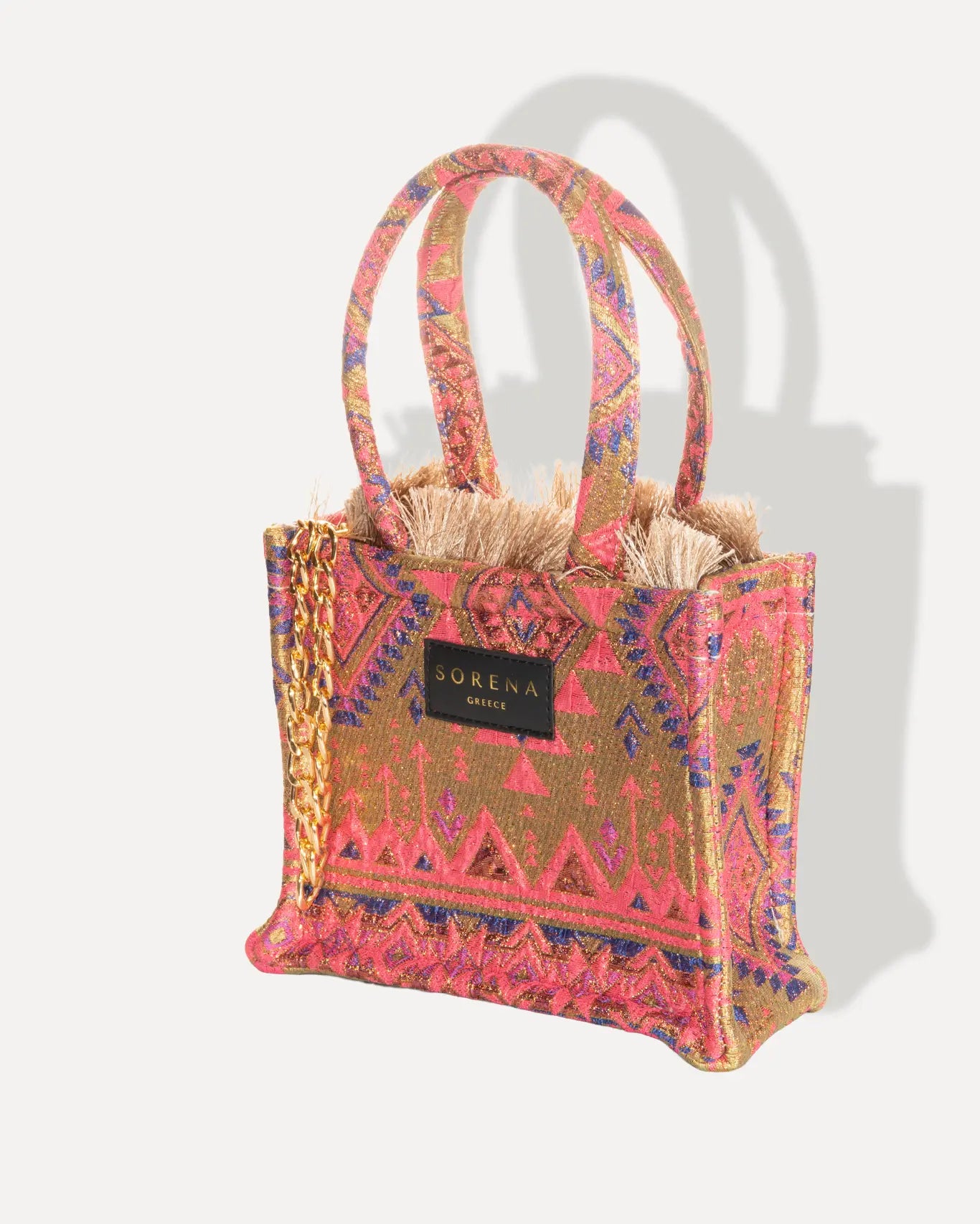 Linke Seite Nisiotissa Mini Tote Bag Sorena Greece, kompakter Shopper lebhaftes Inselmuster handgefertigt Griechenland