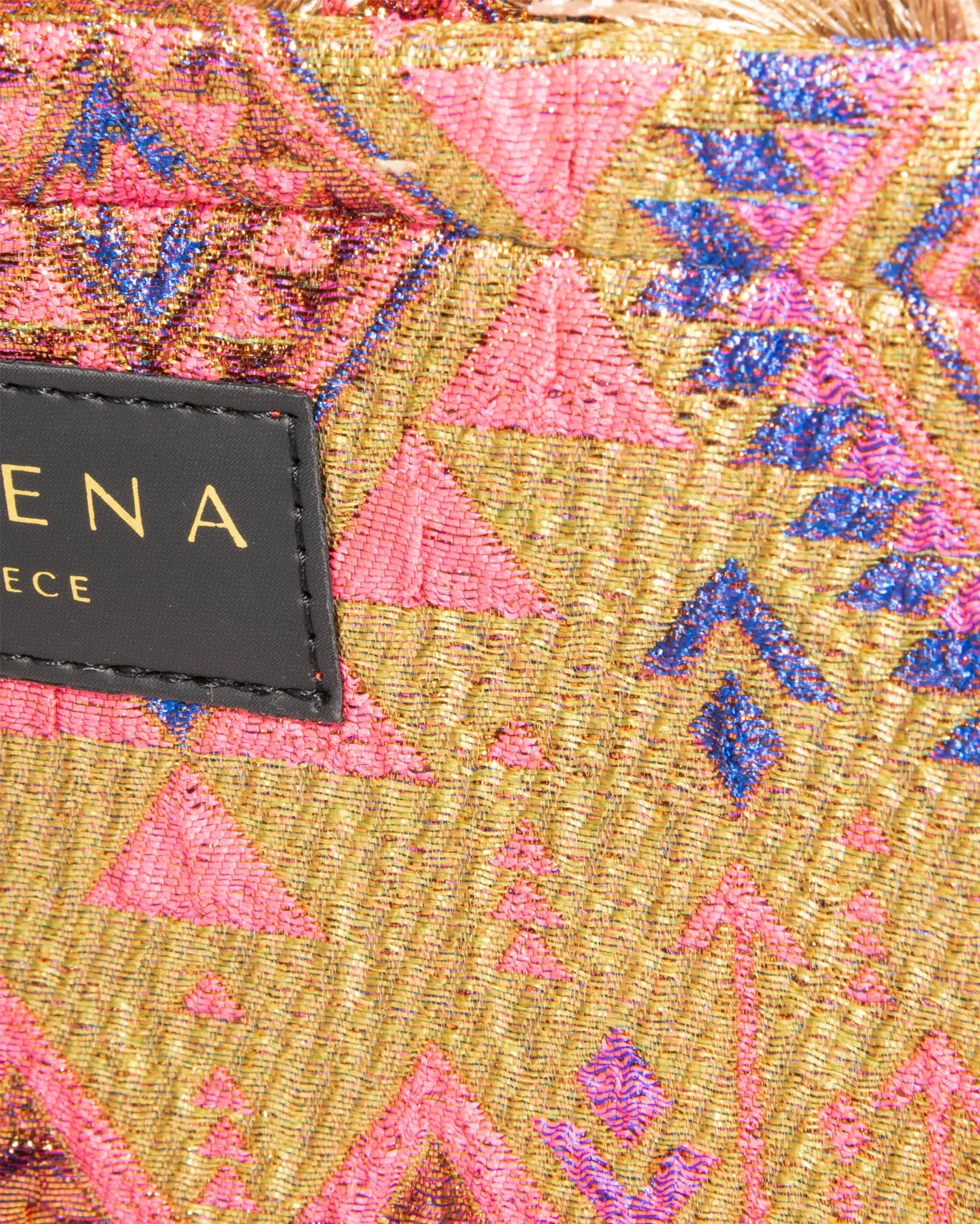 Nahaufnahme Nisiotissa Mini Tote Sorena Greece, Gewebe Inselfarben Textur Detailansicht handgefertigtes Muster Cycladen