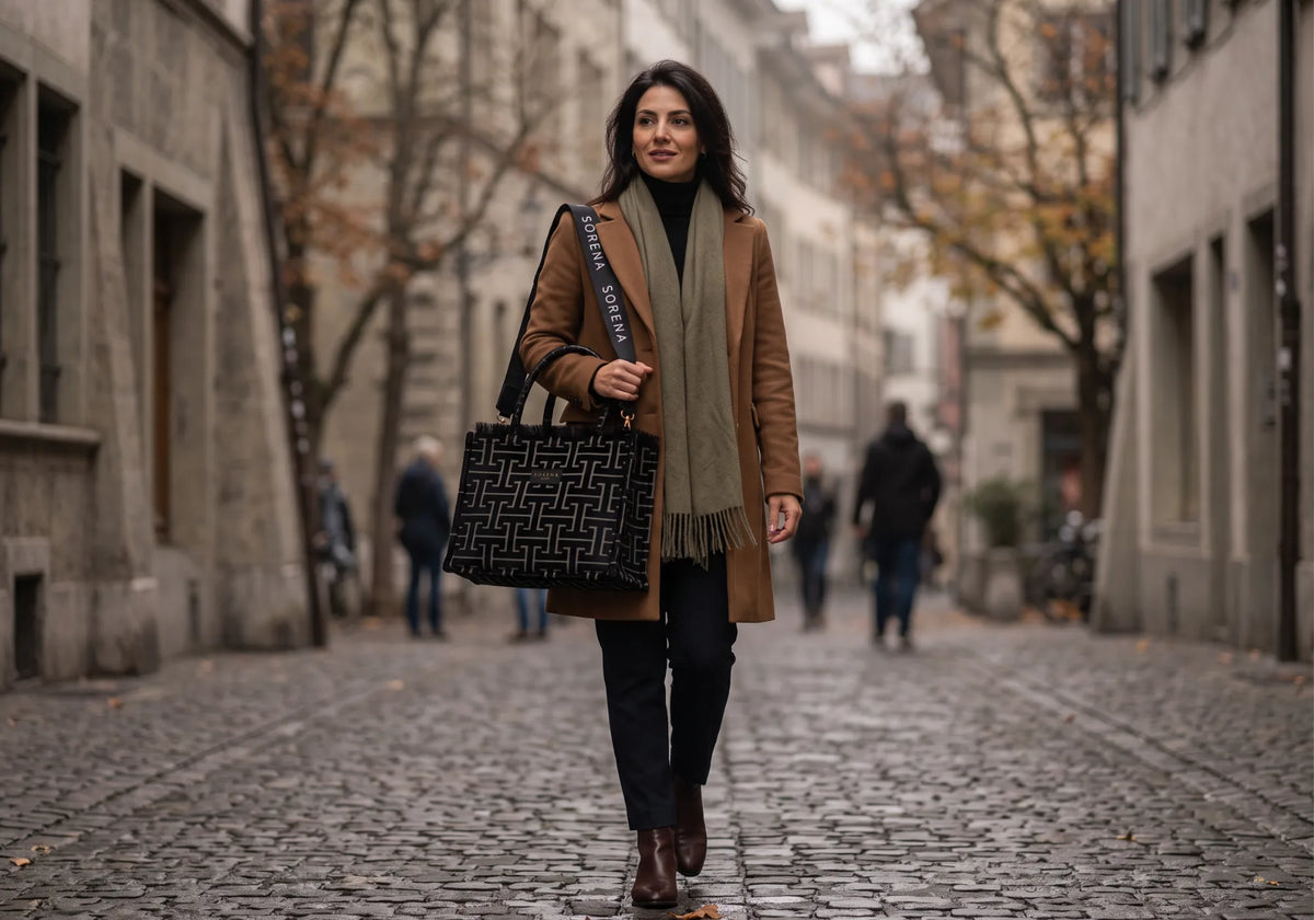 Frau traegt die handgefertigte Andro Medium Tote Bag von Sorena Greece an der Schulter, spaetherbstliche Altstadtkulisse in der Schweiz