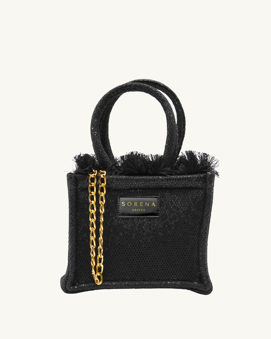 Handgemachte SORENA Mini-Tasche ADORA mit Pailletten in Schwarz-Gold – elegantes Dinner-Design, nachhaltig kuratiert von SIMORA, Frontansicht