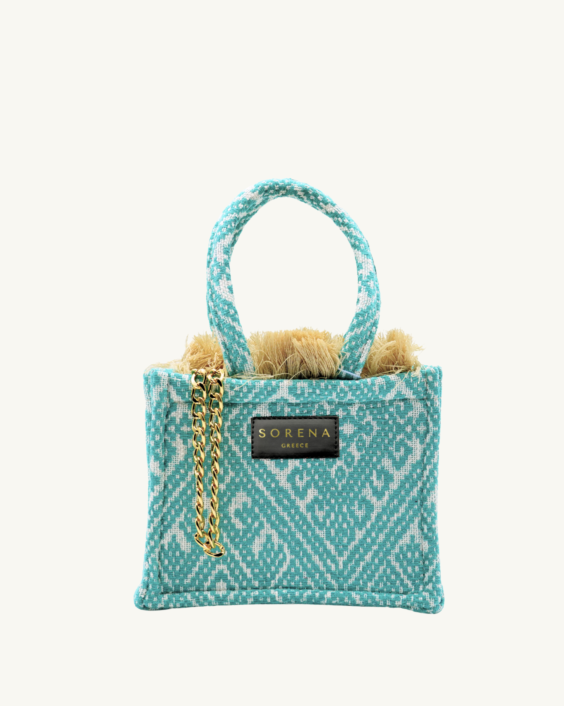 Handgemachte SORENA Mini-Tasche SXOINOUSA mit geometrischem Muster in Hellblau-Gold – sommerliches Design exklusiv bei SIMORA, Frontansicht