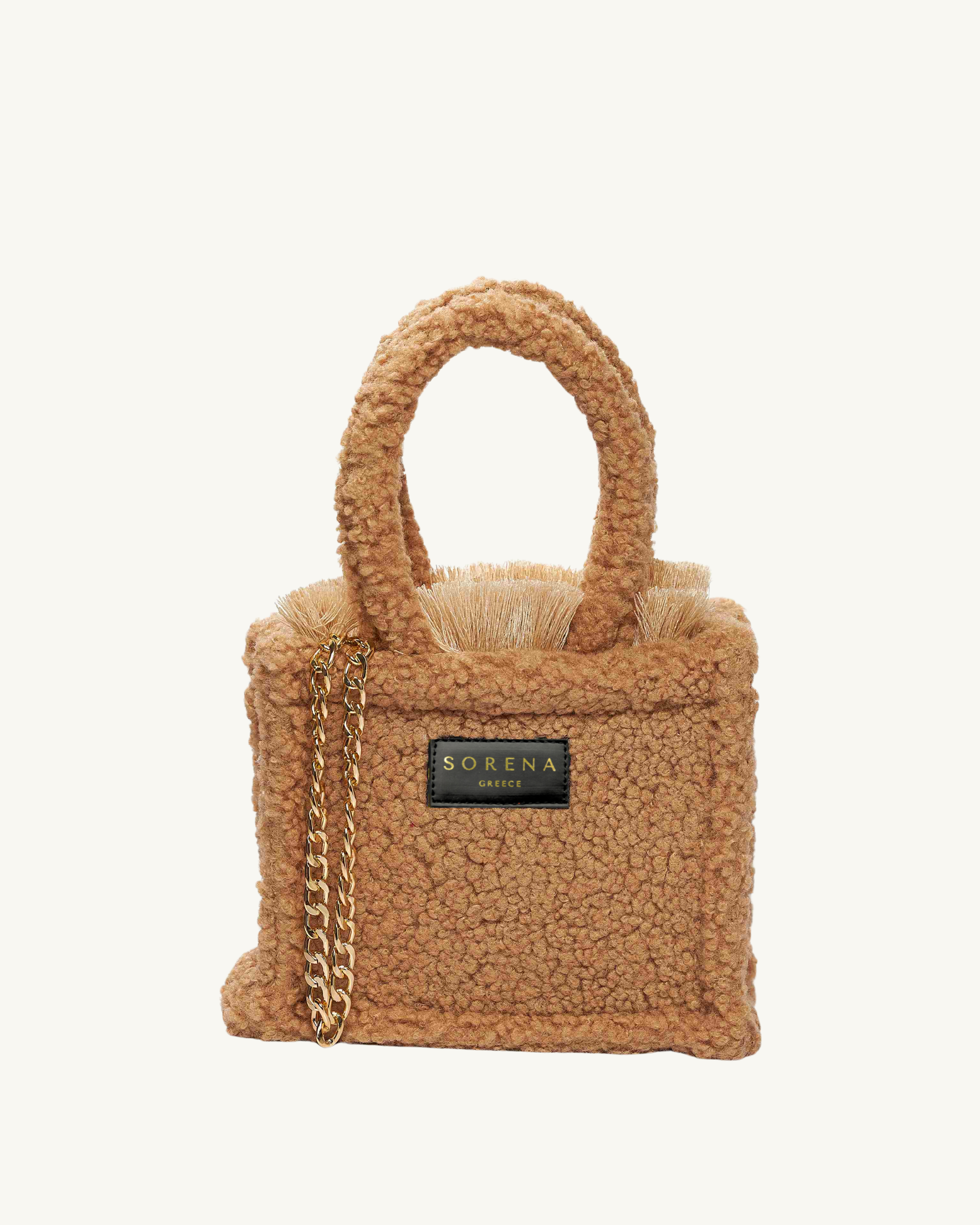 Handgemachte SORENA Mini-Tasche TEDDY in flauschigem Beige-Gold – nachhaltiges Design exklusiv bei SIMORA, Frontansicht