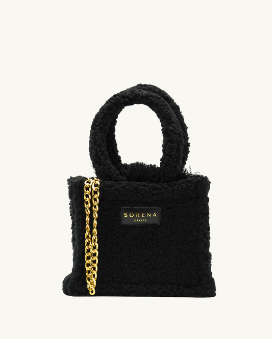 Handgemachte SORENA Mini-Tasche TEDDY in flauschigem Schwarz-Gold – nachhaltiges Design exklusiv bei SIMORA, Frontansicht